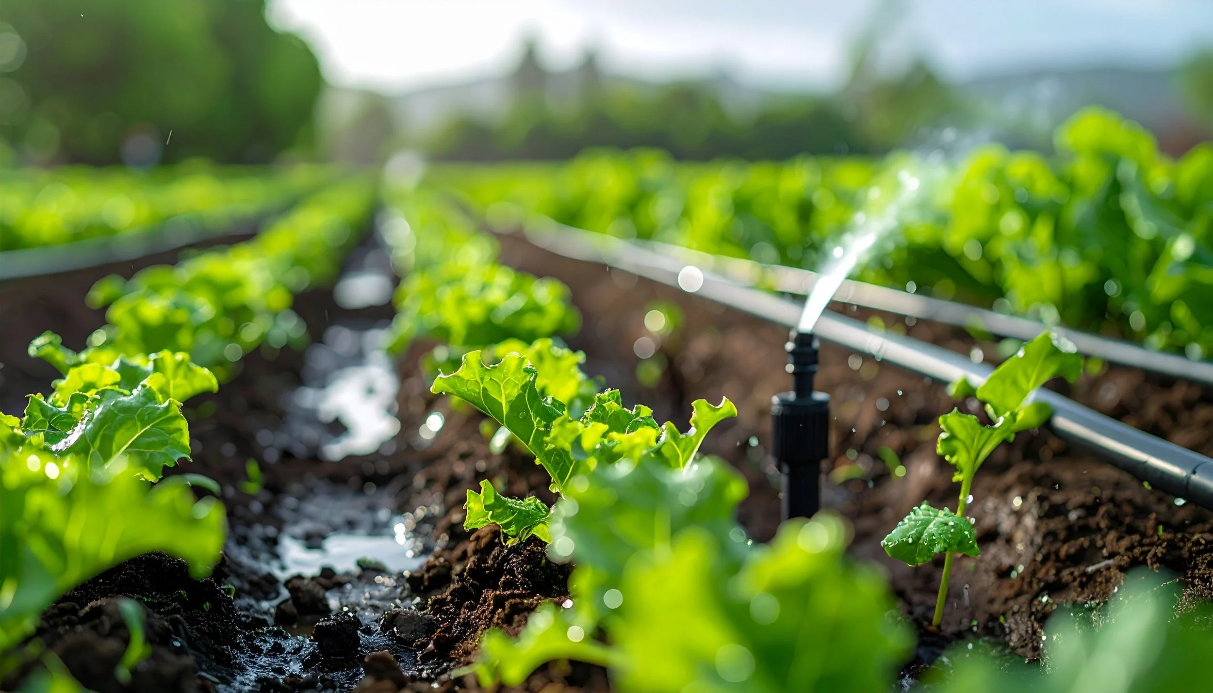 Rows of green leafy plants growing in soil with drip irrigation system watering them, under bright sunlight.