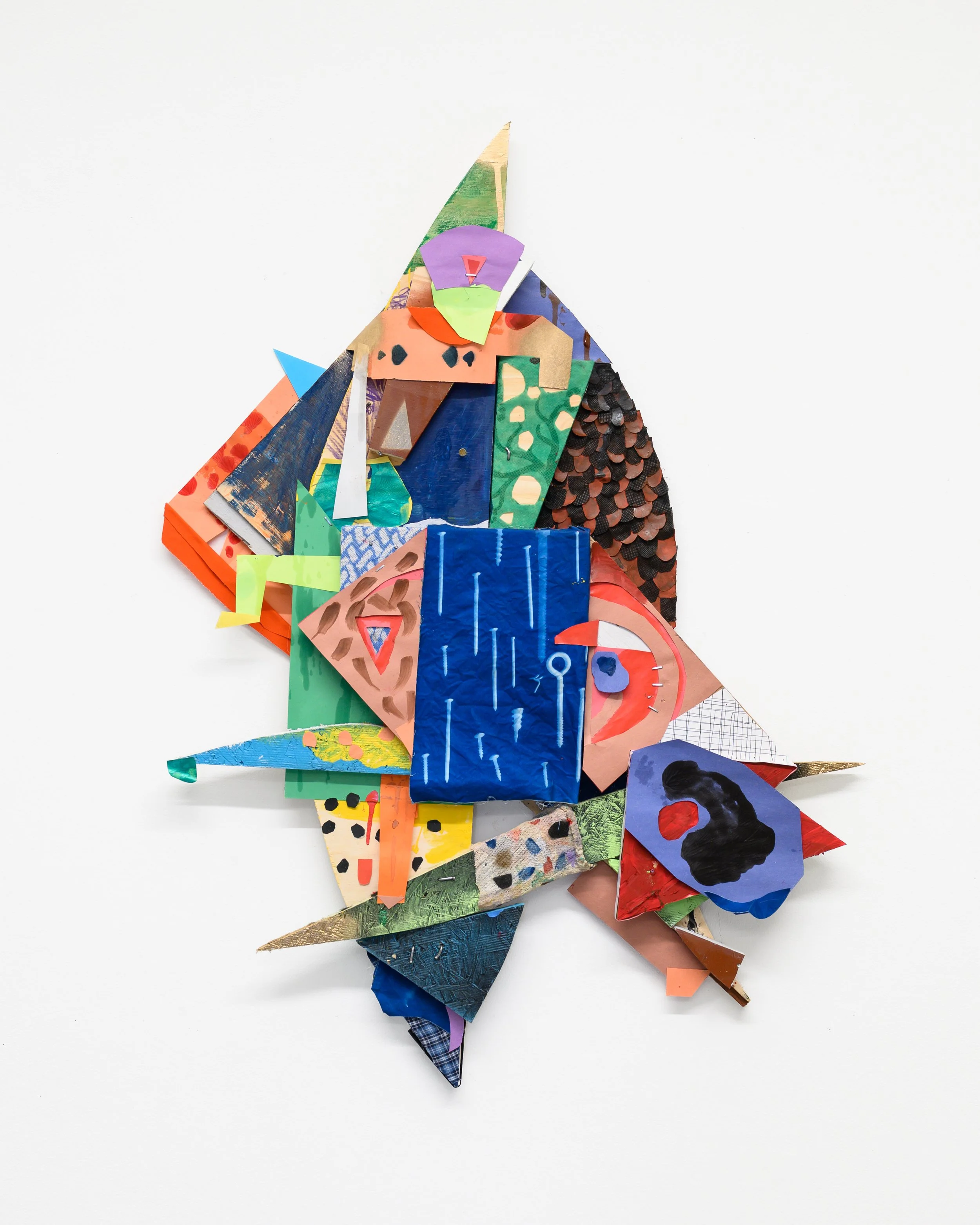 If We Spoke a Different Language, 2026 (36 x 25 x 2.5”)
MDF, treated lumber, assorted fabrics,
plexiglass, oil, cyanotype, spray paint, oil,
acrylic, construction paper
