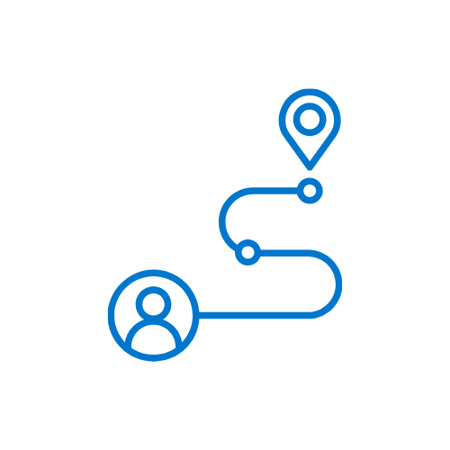 Line drawing of a person icon connected to a location pin icon via a path with two dots.