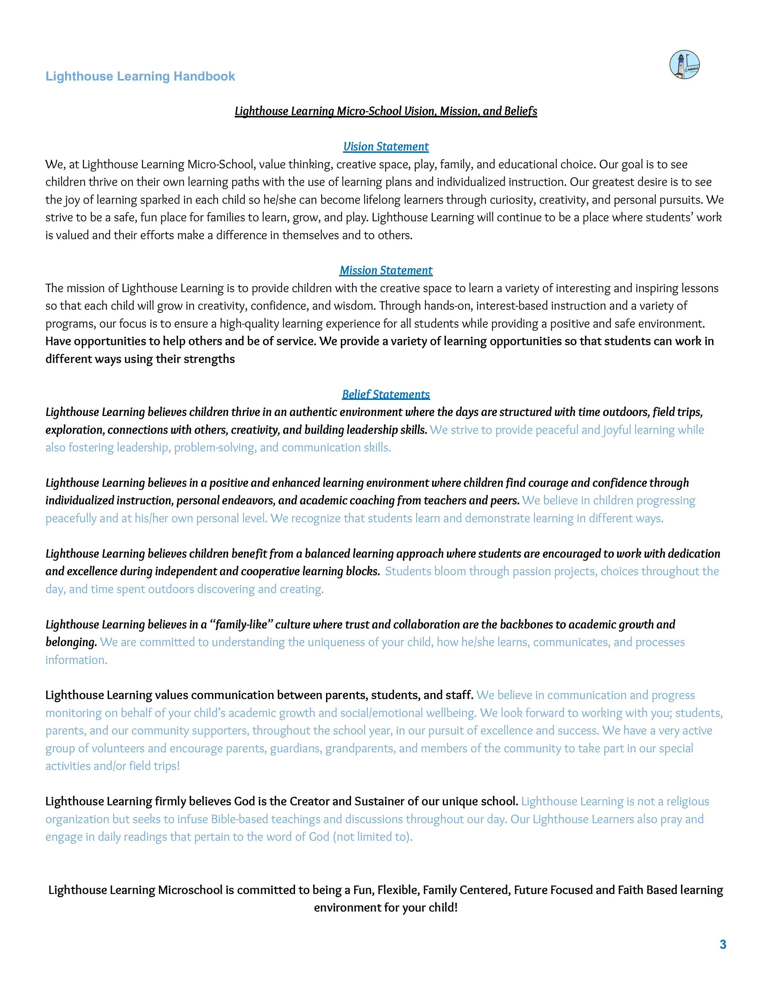 Page with the title 'Lighthouse Learning Handbook' and sections on vision, mission, beliefs, values, and principles of Lighthouse Learning Micro-School, with a lighthouse logo in the top right corner.