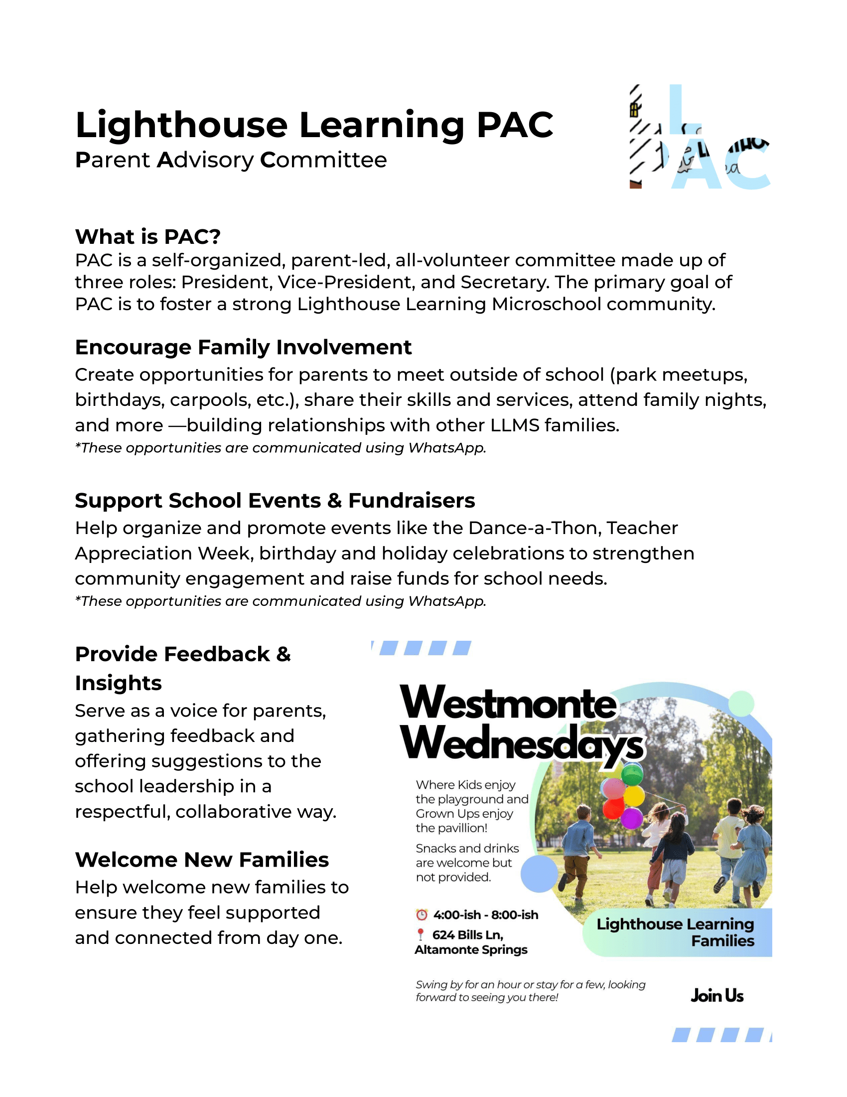 Flyer for Lighthouse Learning PAC describing its purpose, family involvement, support for school events, feedback, welcoming new families, and upcoming Westmonte Wednesdays event with a photo of children playing outdoors.