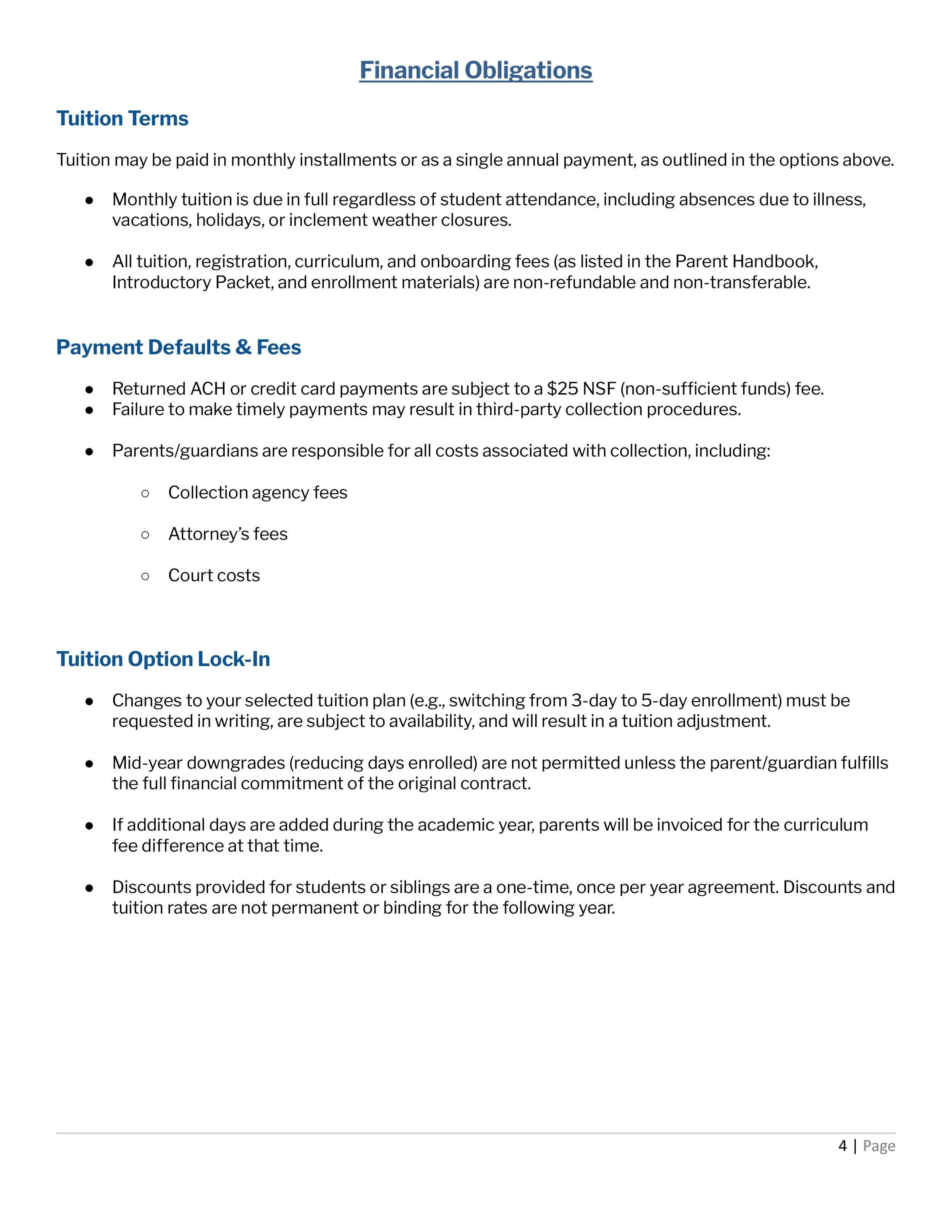 Page titled 'Financial Obligations' with sections on Tuition Terms, Payment Defaults & Fees, and Tuition Option Lock-In, containing bullet points about tuition payment policies, fee responsibilities, and enrollment changes.