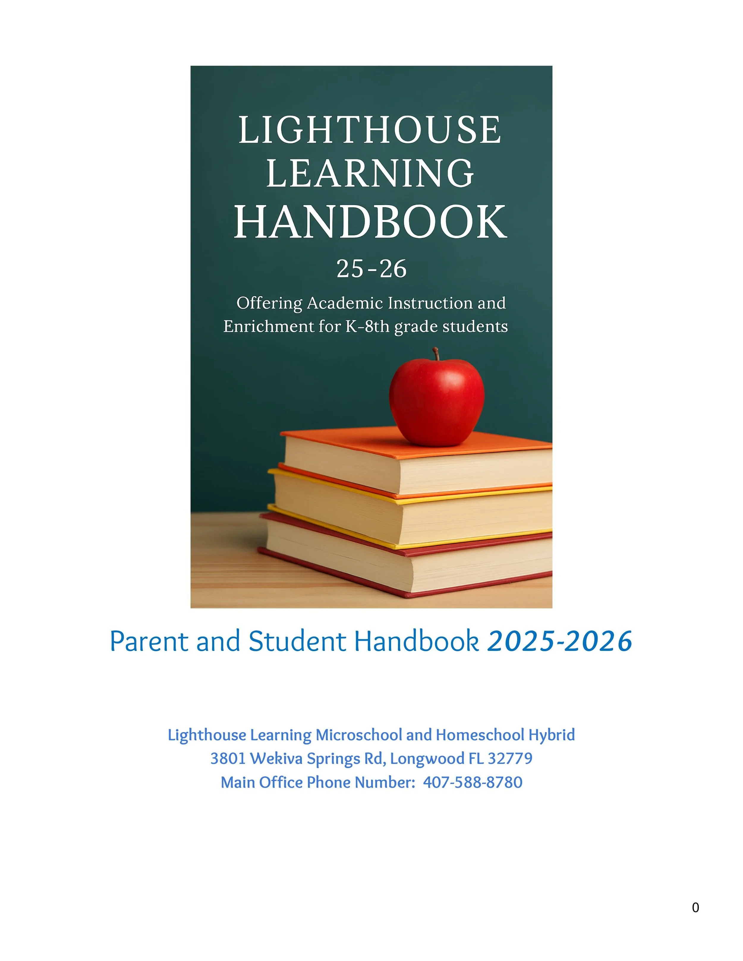 Cover page of a teacher and parent handbook titled 'Lighthouse Learning Handbook 25-26 Offering Academic Instruction and Enrichment for K-8th grade students' featuring a stack of three books with an apple on top, set against a dark green background, with contact details and address at the bottom.