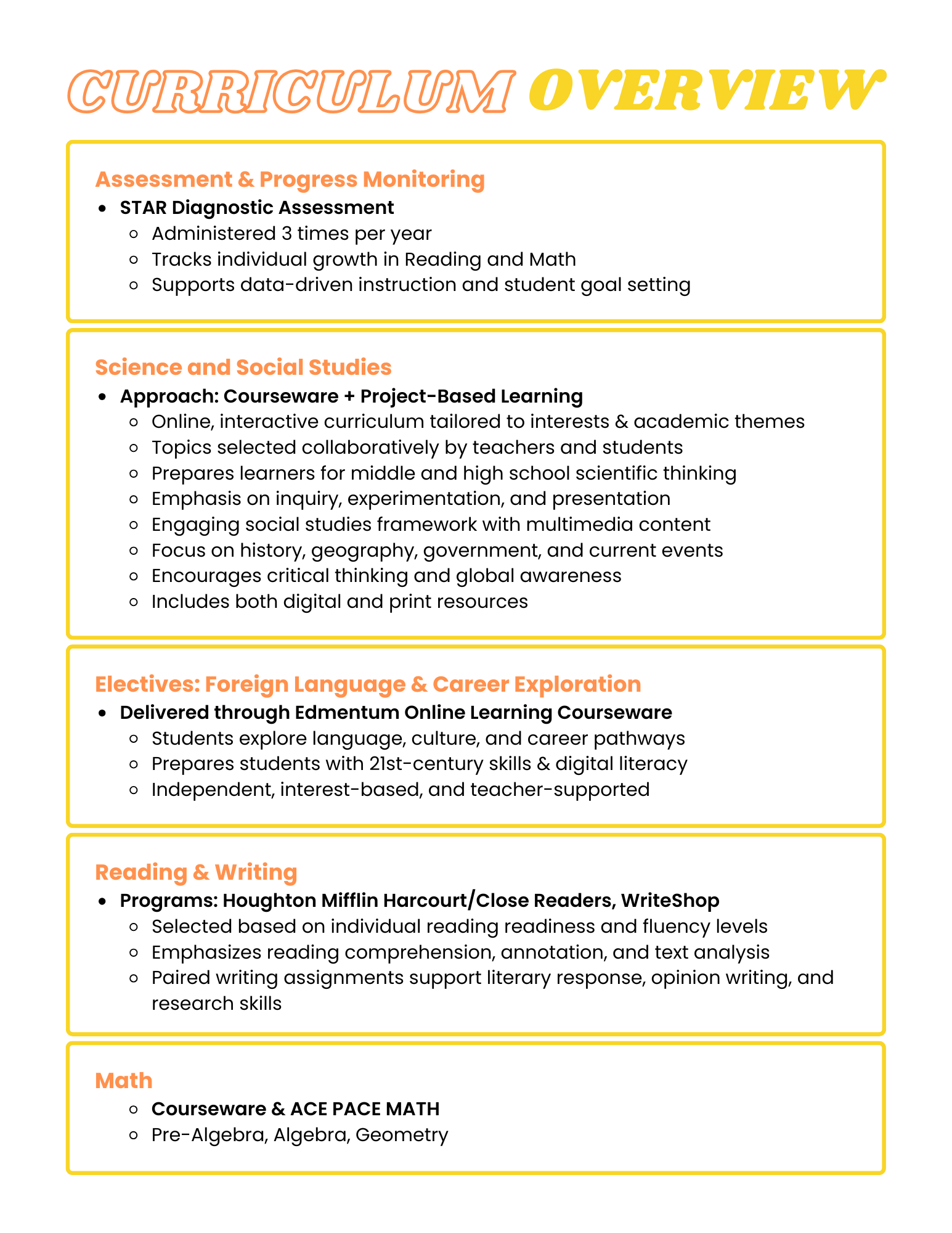 A colorful educational curriculum overview document with sections on assessment, science, social studies, language, reading, writing, and math, featuring orange and yellow headers.