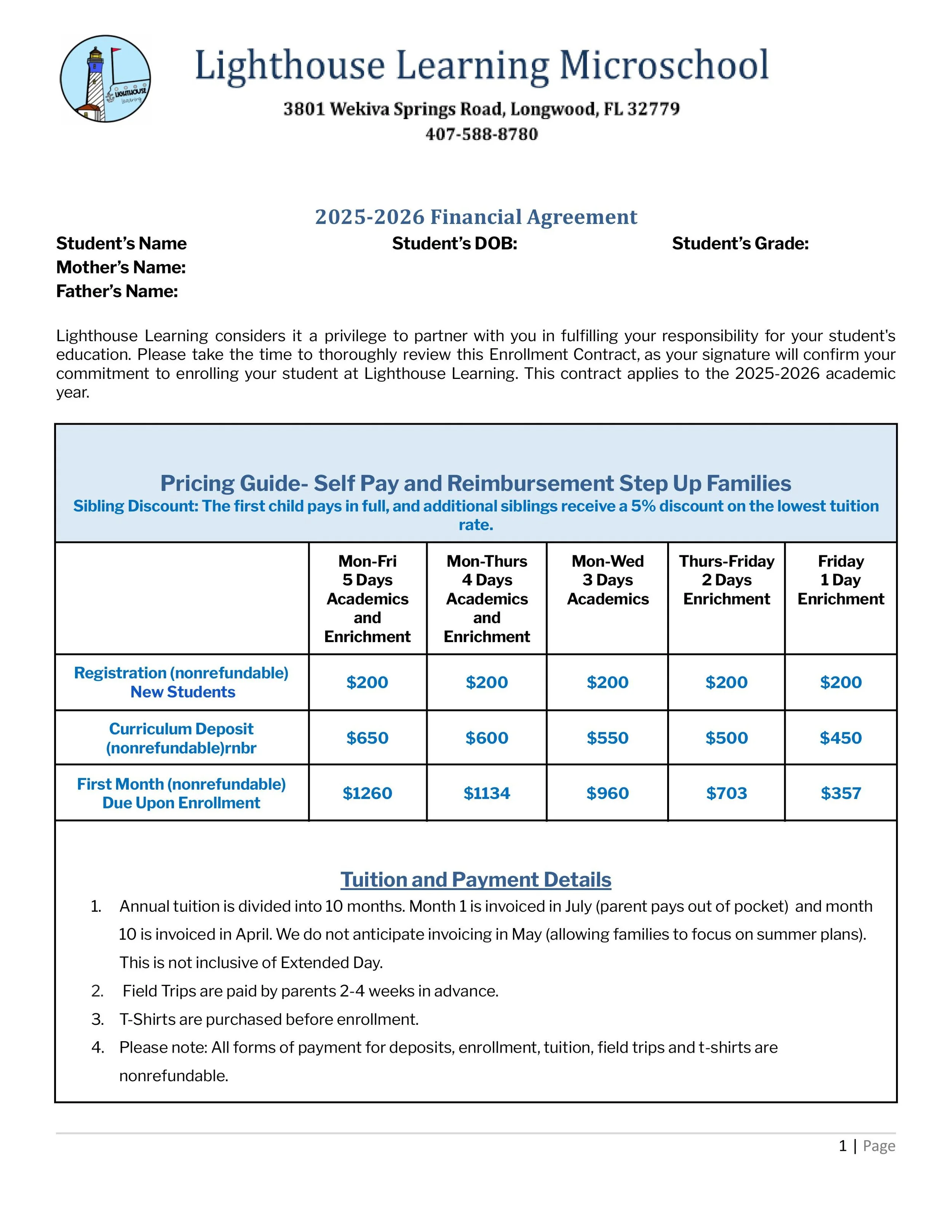 A financial agreement form from Lighthouse Learning Microschool detailing pricing for self-pay and reimbursement families, with payment schedules, rates, and additional policy information.