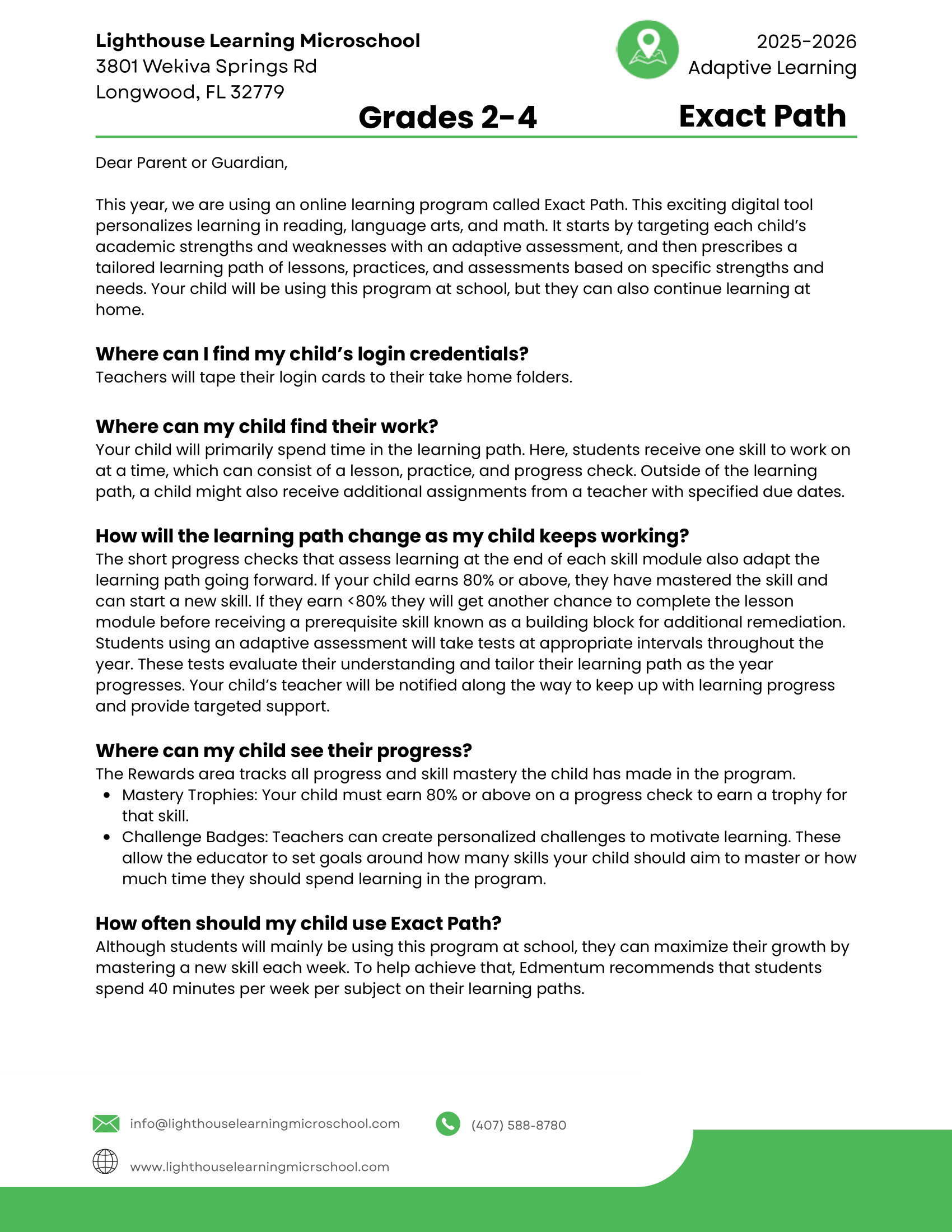 Information sheet about Exact Path learning program for grades 2-4 at Lighthouse Learning Microschool, detailing login credentials, work tracking, progress assessment, and recommended usage time.