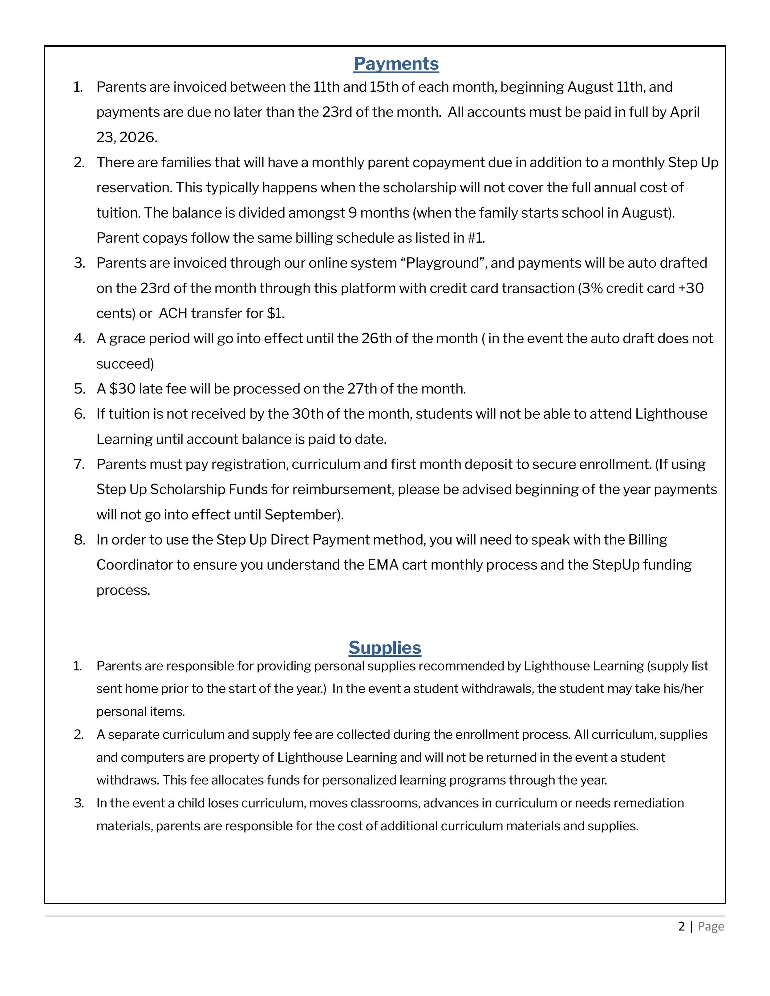 Lighthouse Learning payment and supplies policy document detailing invoicing, payment schedule, late fees, registration, curriculum, and supplies responsibilities for parents.