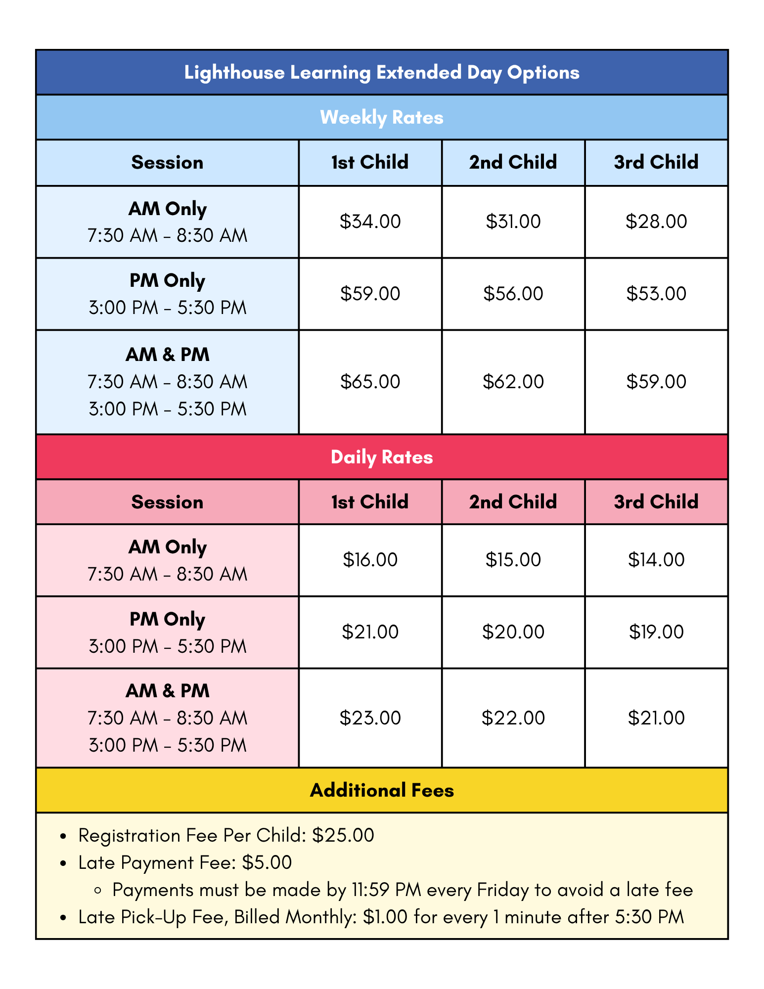 Lighthouse Learning Extended Day Options price and schedule chart showing weekly and daily rates, additional fees, and session times for children.