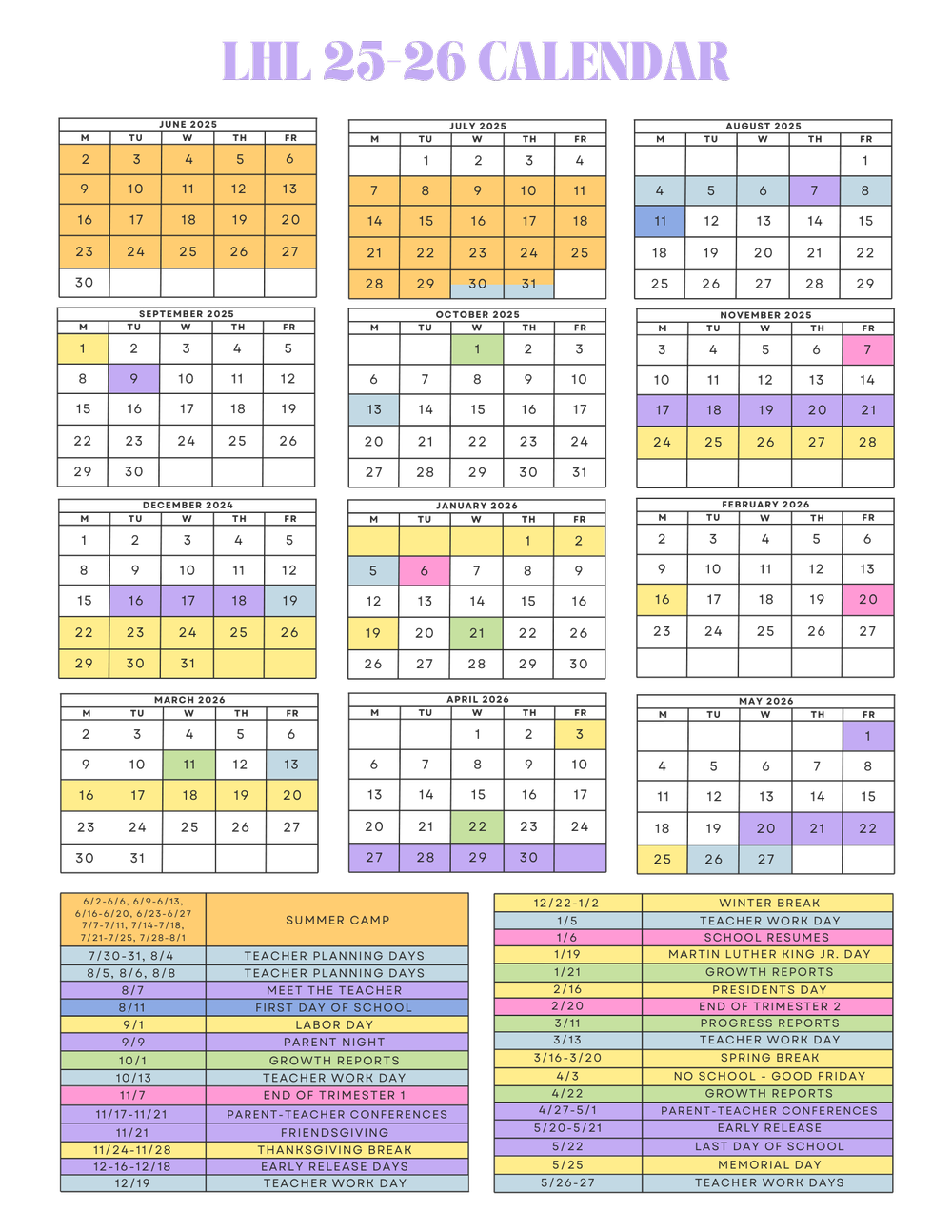 2015-2016 school calendar for LHL, showing months from June 2015 to May 2016, with various color-coded key dates such as summer camp, teacher planning days, holidays, conferences, and breaks.