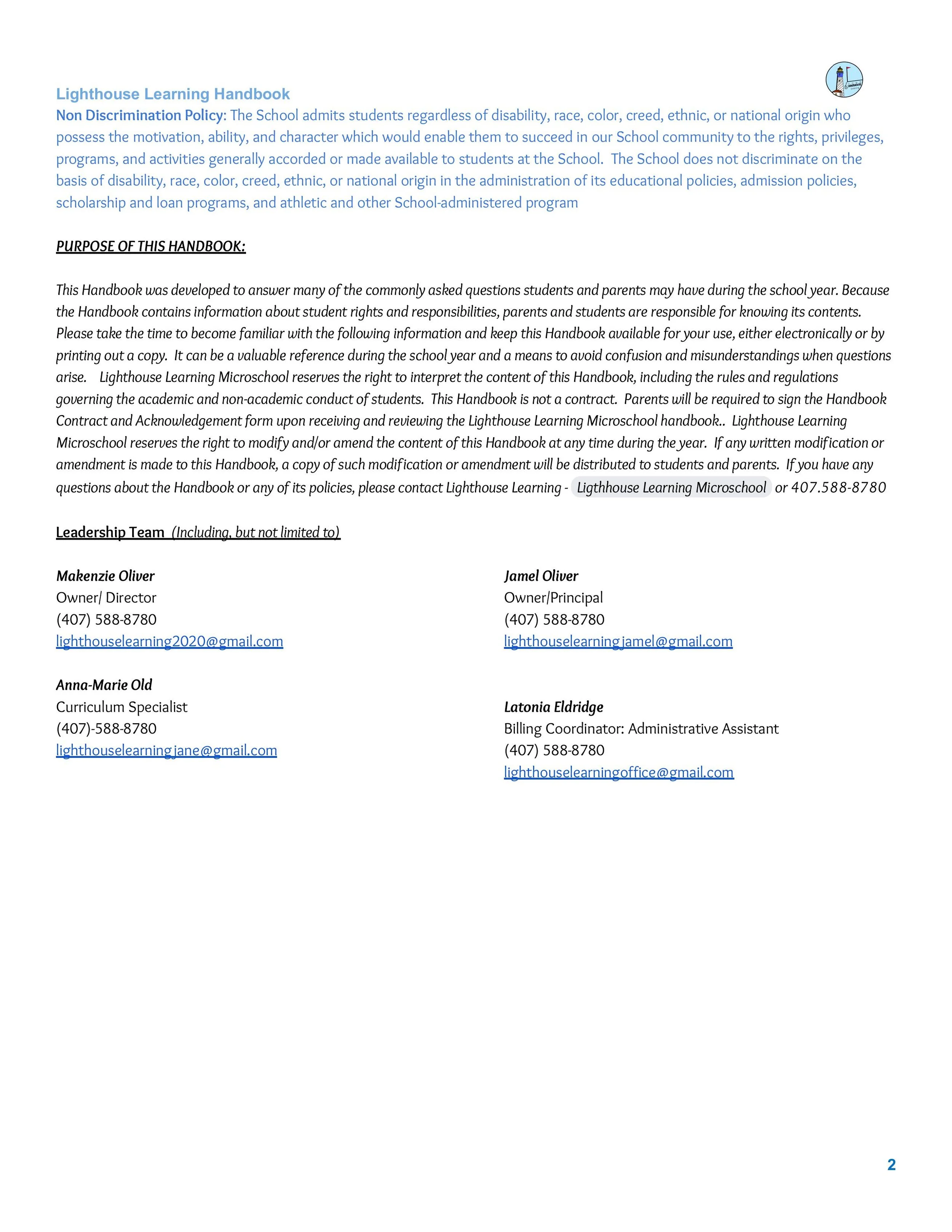 Lighthouse Learning Handbook page with non-discrimination policy statement, purpose of the handbook, and contact information of leadership team members including Makenzie Oliver, Jamel Oliver, Anna-Marie Old, and Latonia Eldridge.