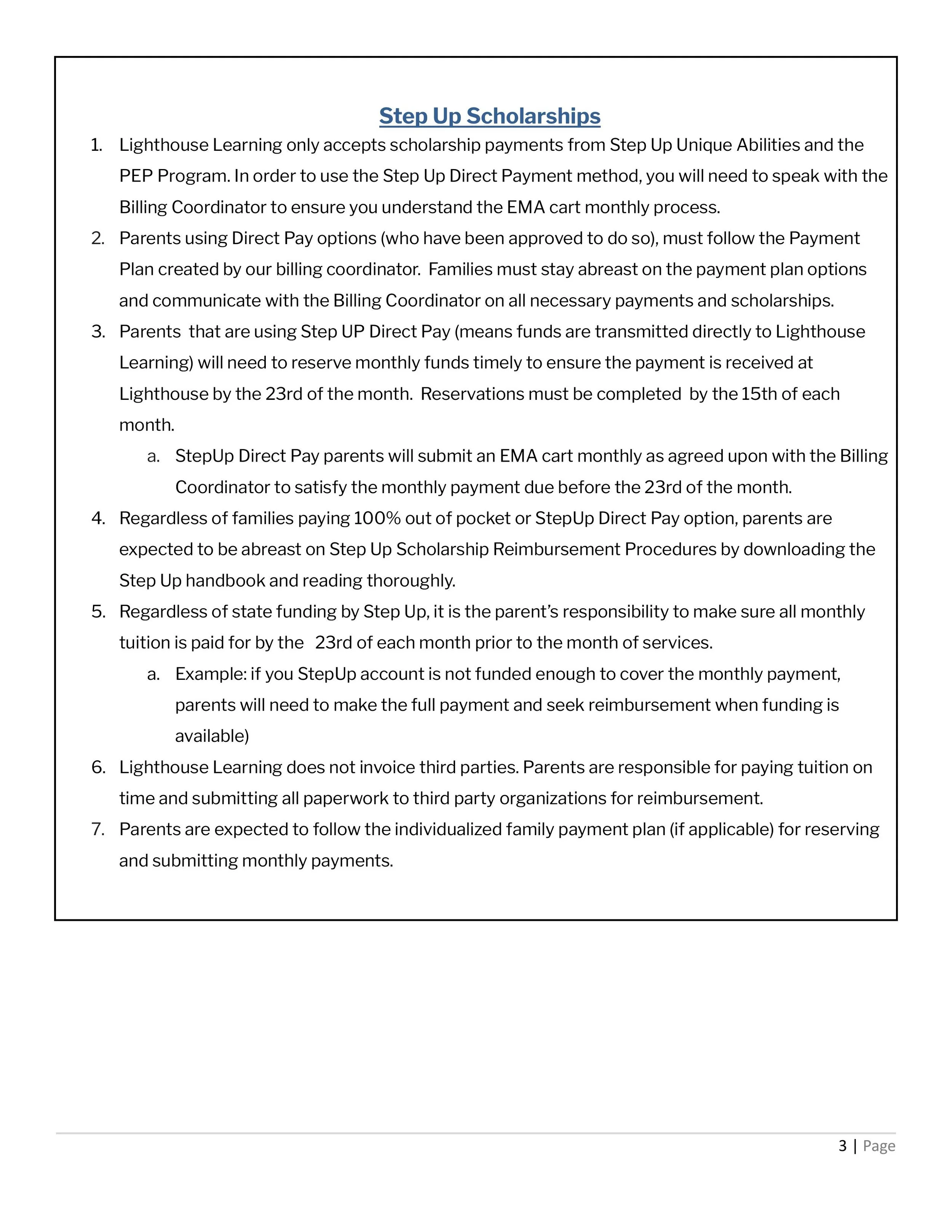 Document titled 'Step Up Scholarships' outlining procedures for scholarship payments, including steps for parents using Direct Pay and funding responsibilities, with detailed instructions and examples.