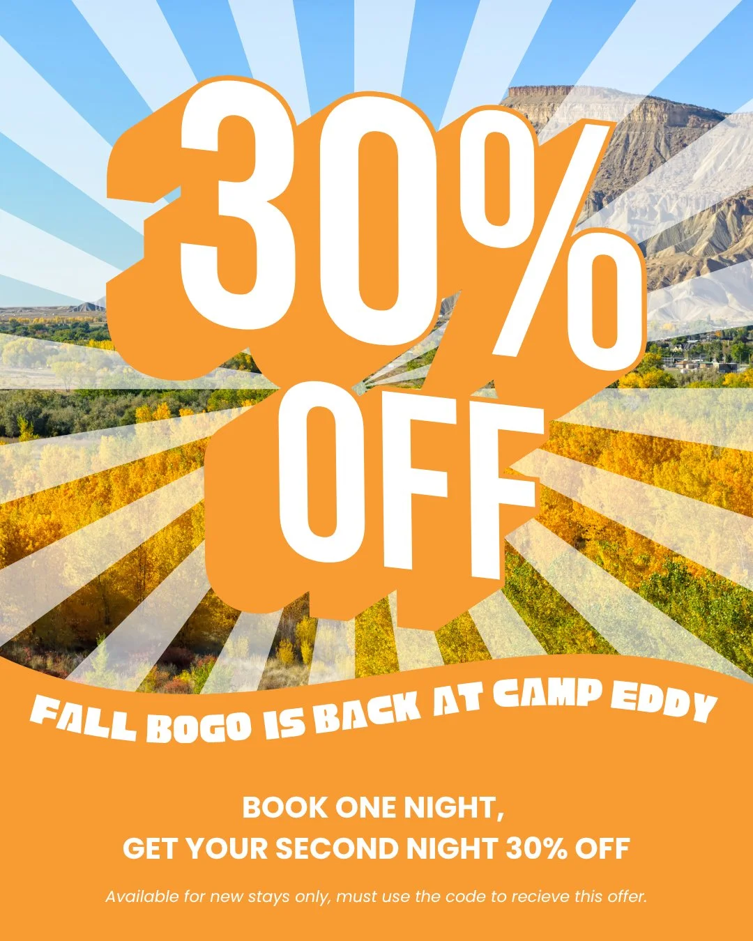 LAST DAY: Enjoy Halloween with this spooky good deal! 👻
Fall BOGO is back! 
Book One Night, get your second night 30% off
*new stays only. must use code to receive offer*