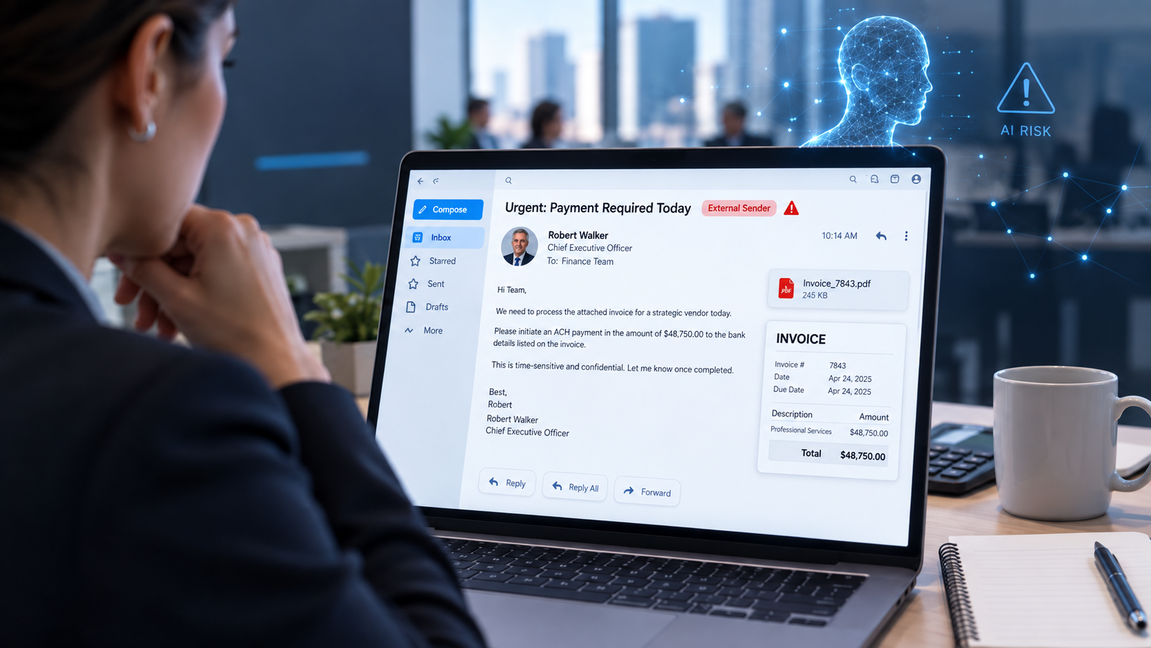 Business professional reviewing a suspicious executive payment request email and invoice on a laptop, with subtle AI and cybersecurity warning graphics in the background.