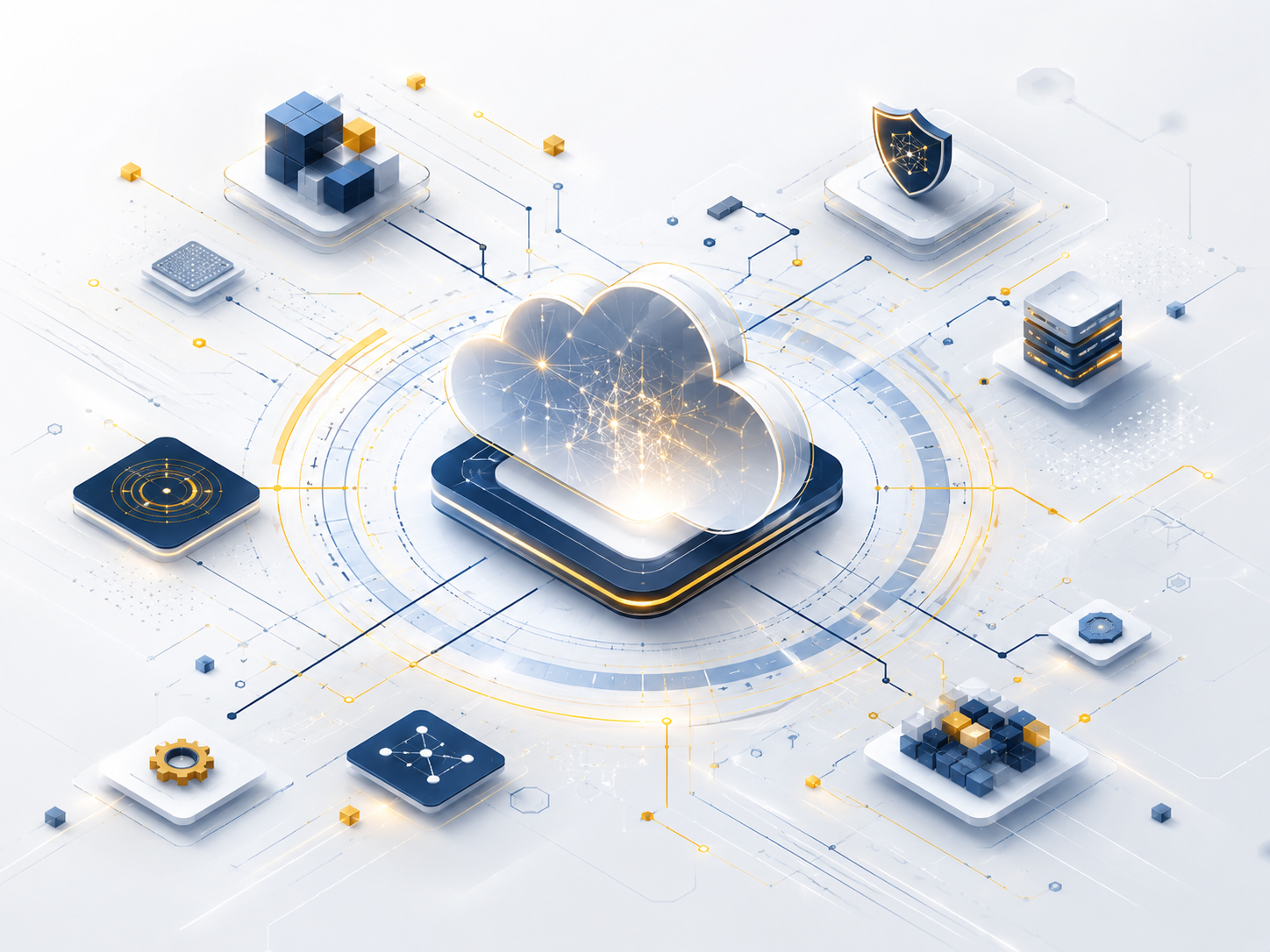 Digital illustration of cloud computing concept with a central glowing cloud surrounded by interconnected icons representing data storage, security, analytics, and technology.