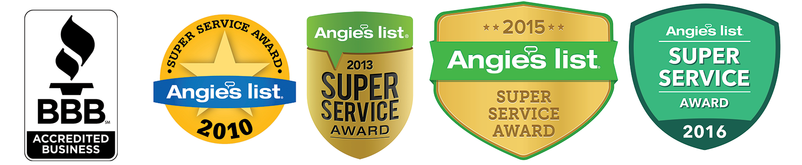 Series of five awards and certifications including Better Business Bureau accreditation, Angie's List Super Service awards from 2010 to 2016, and other service awards from 2013 and 2015.