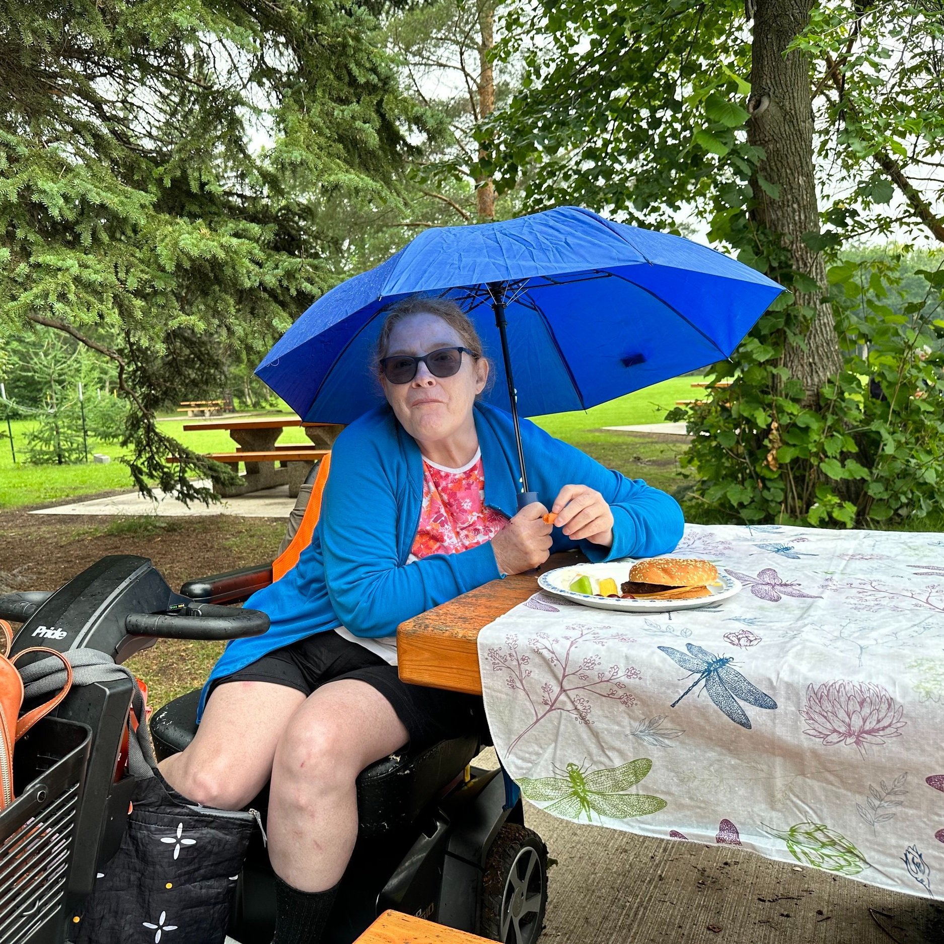  A women sits to the side of a picnic table in a scooter. She is wearing sunglasses, a blue jacket and is holding a blue umbrella. A plate of food is on the table next to her.  