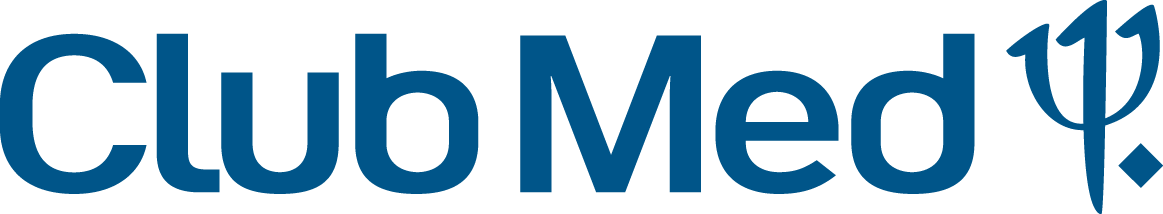 Logo du 'Club Med' avec le nom écrit en bleu foncé et un symbole représentant une plume ou une feuille.