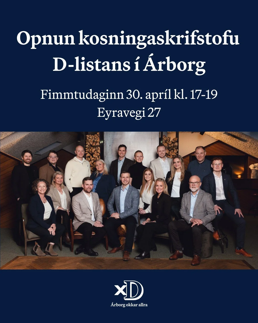 Veri&eth; hjartanlega velkomin &aacute; opnun kosningaskrifstofu D-listans &iacute; &Aacute;rborg fimmtudaginn 30. apr&iacute;l 💙

L&eacute;ttar veitingar, lifandi t&oacute;nlist og hoppukastali fyrir b&ouml;rnin 🎉

Hl&ouml;kkum til a&eth; sj&aacut