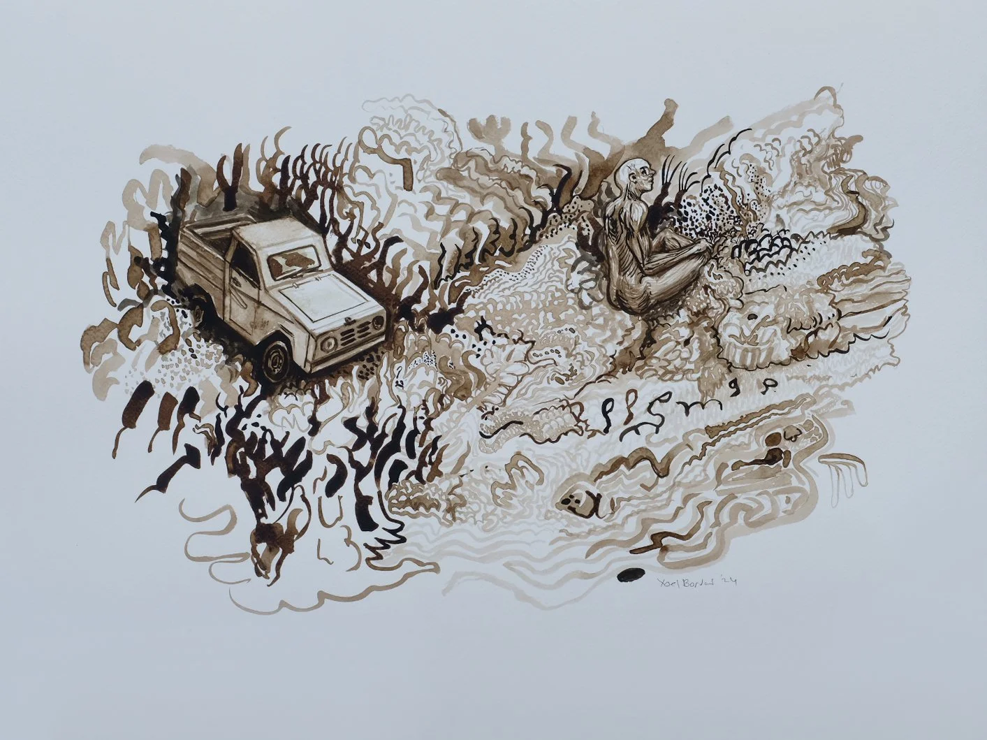 Hombre roca meditando (2024)
Tinta de nuez sobre papel Fabriano
45.75 x 61 cm
US 400