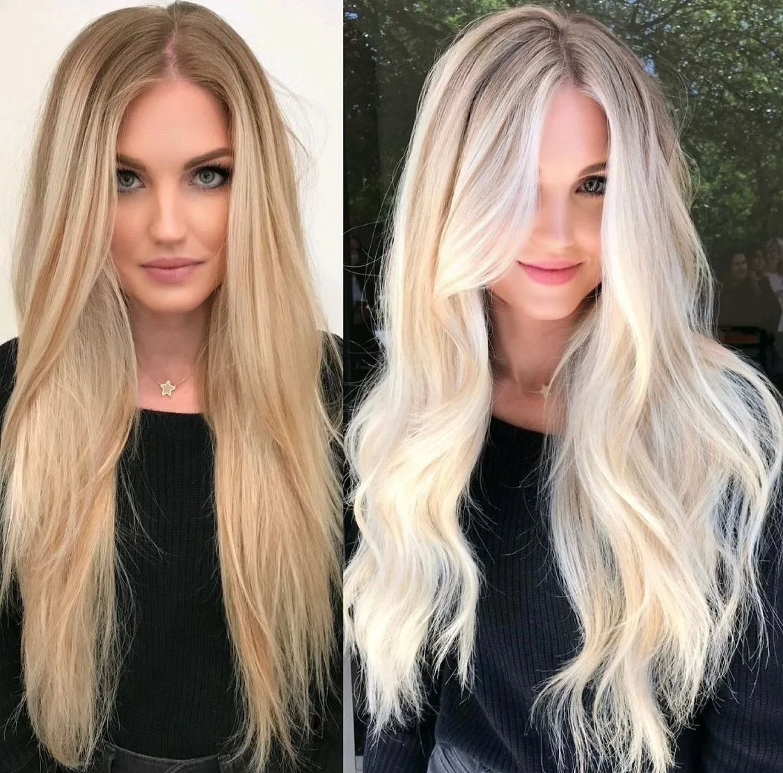 Side-by-side photos of a woman with long blonde hair, showing before and after hair transformation. The woman is wearing a black top and a star-shaped necklace.
