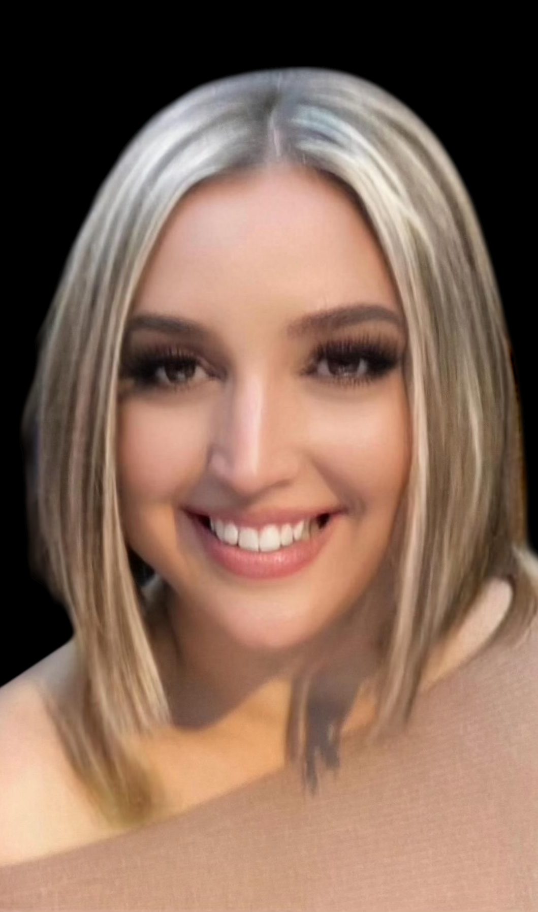 Close-up of a smiling woman with shoulder-length blonde hair against a black background.