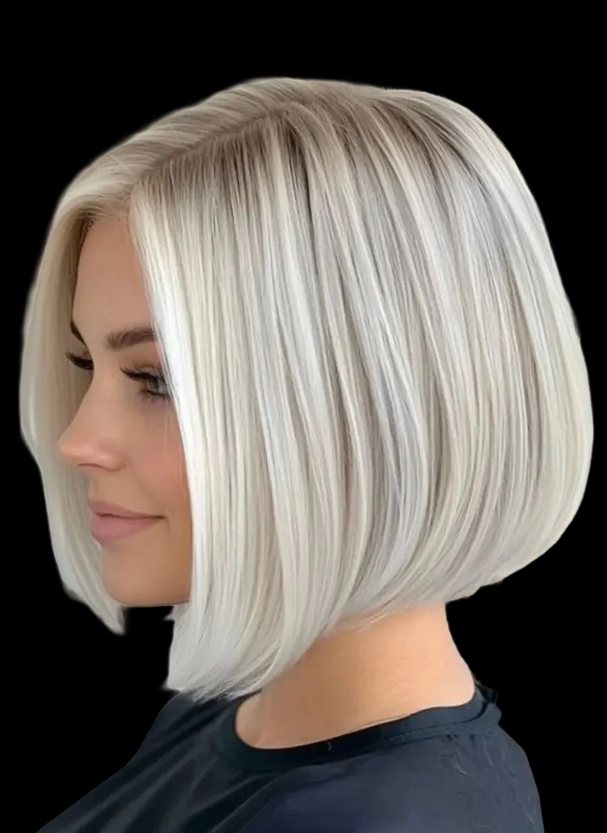 Side view of a woman with platinum blonde bob haircut and black top against black background.