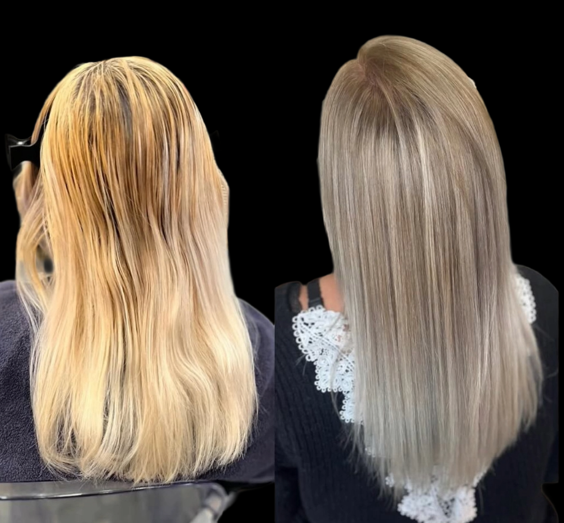 Comparison of hair before and after a professional haircut and styling, showing longer, wavier hair on the left and shorter, straight hair on the right.