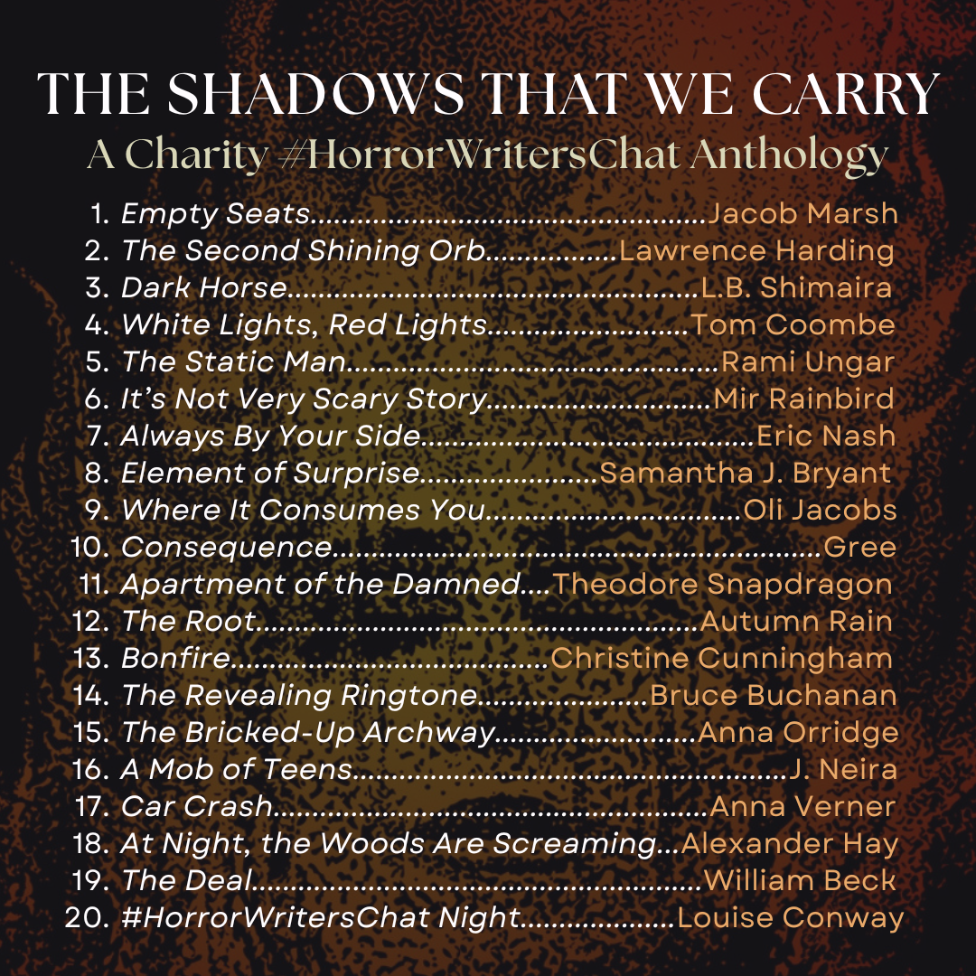 Book promo graphic. THE SHADOWS THAT WE CARRY. A Charity #HorrorWritersChat Anthology. There follows a list of the twenty short stories in the book and their authors.