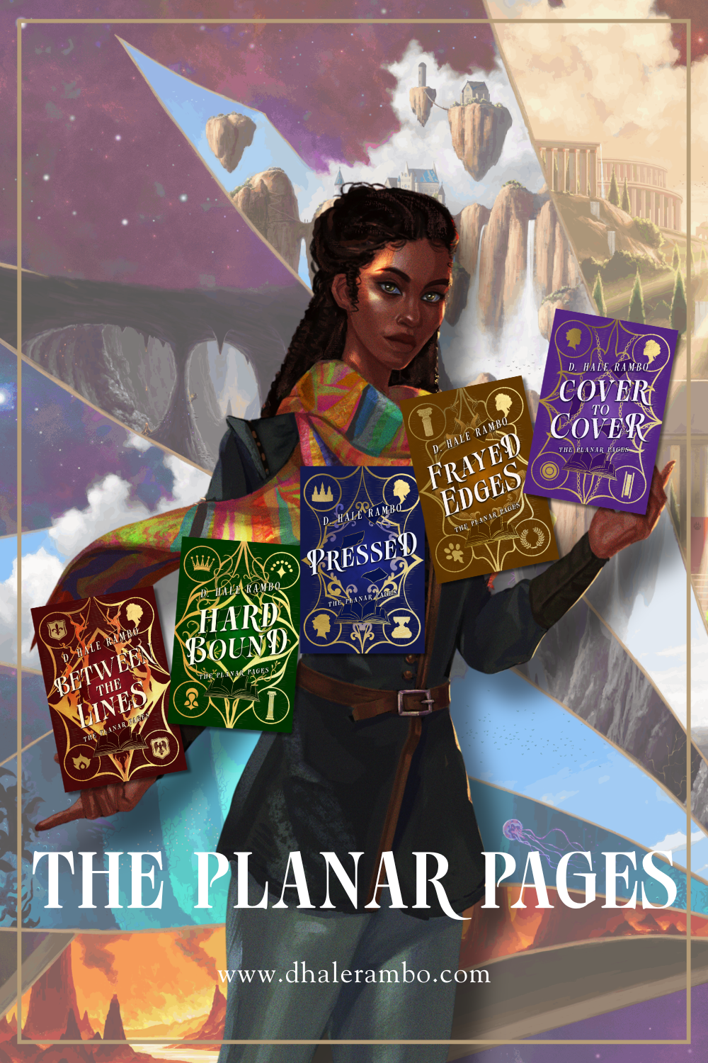 Book promo graphic. Artwork of a young black woman seemingly juggling five books from The Planar Pages series.