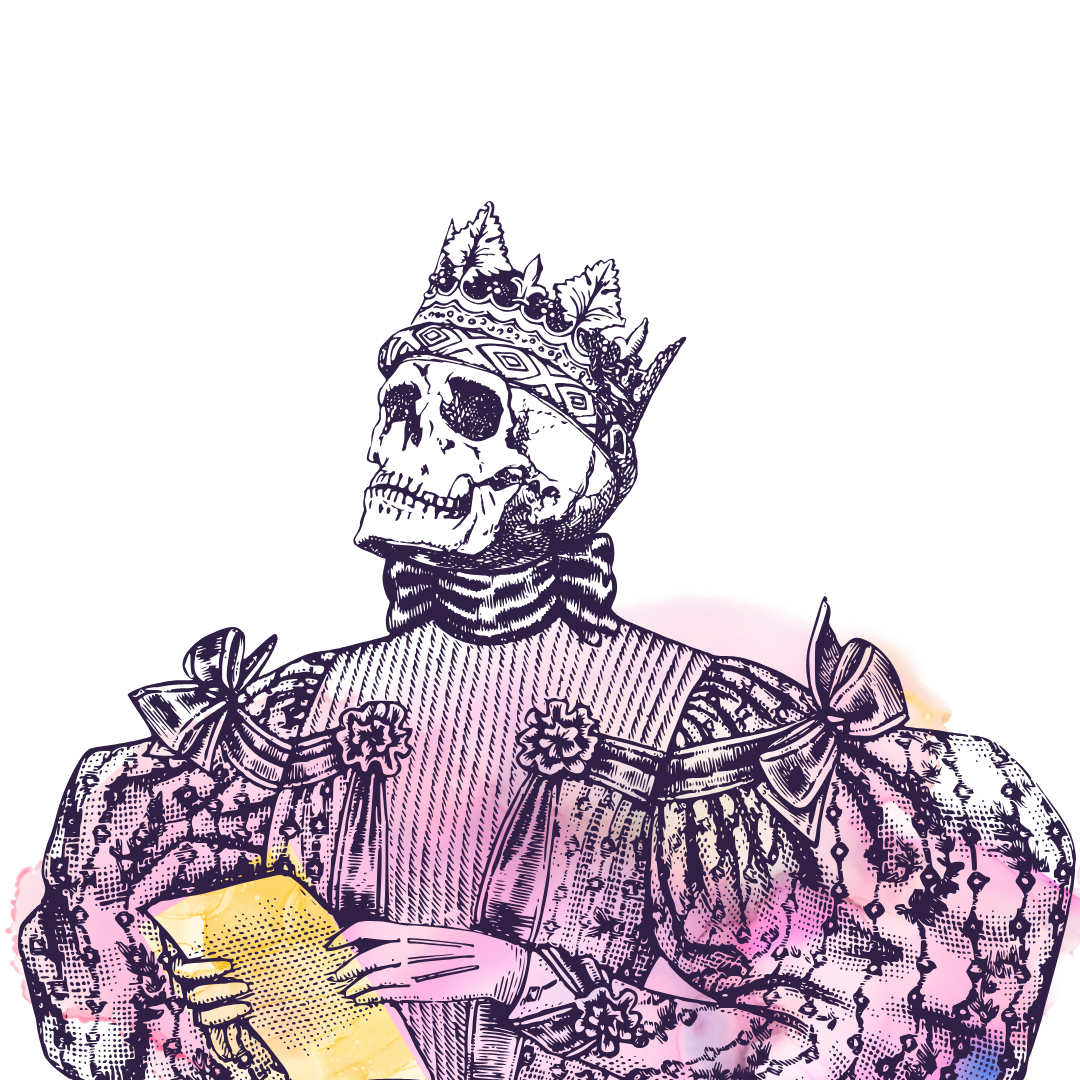 Illustration of a figure wearing a large sleeved Victorian gown and gloves. They are holding a yellow letter while their crowned skull looks up.