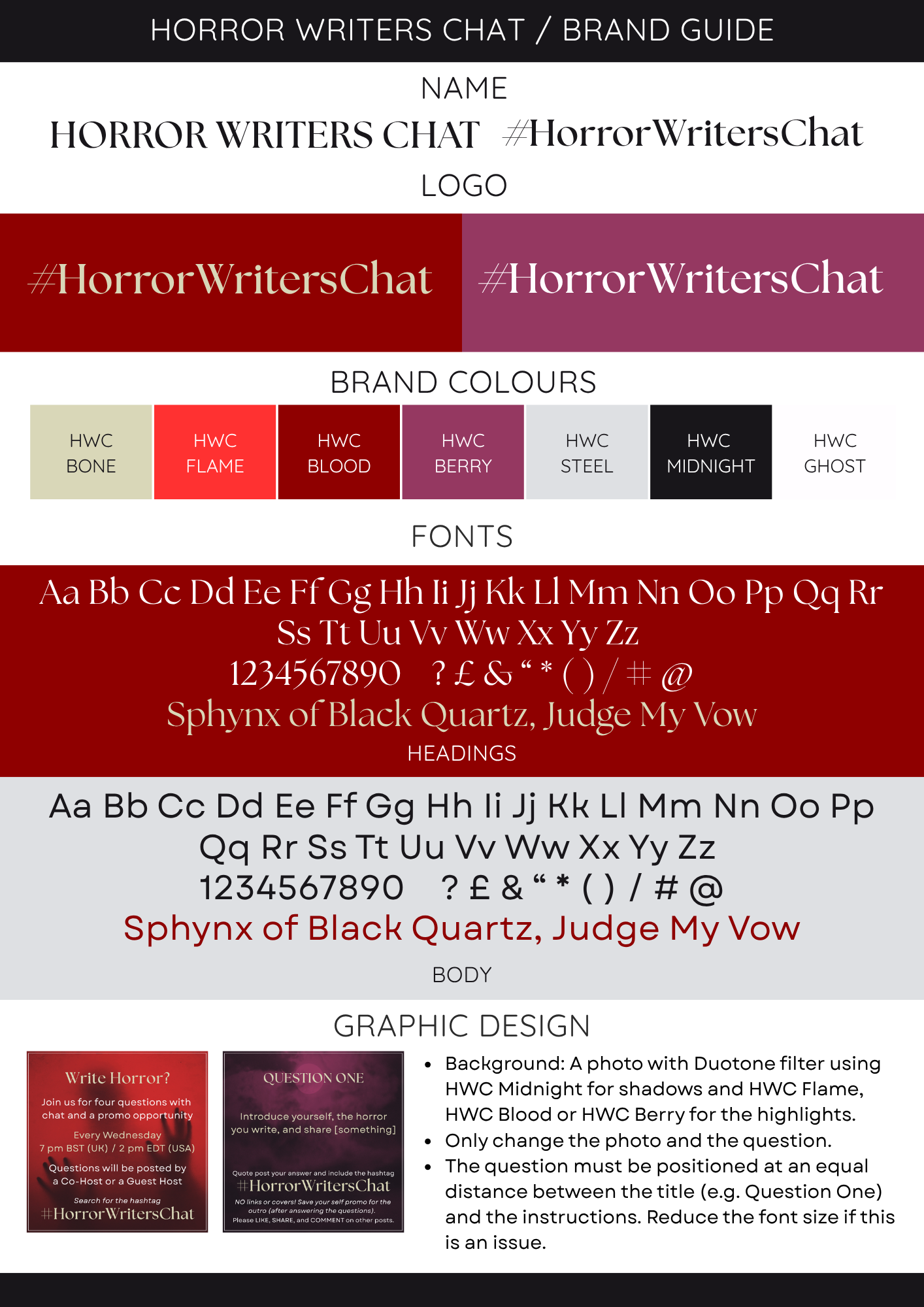 Horror Writers Chat Brand Identity Guide with colors, fonts and graphic design examples.