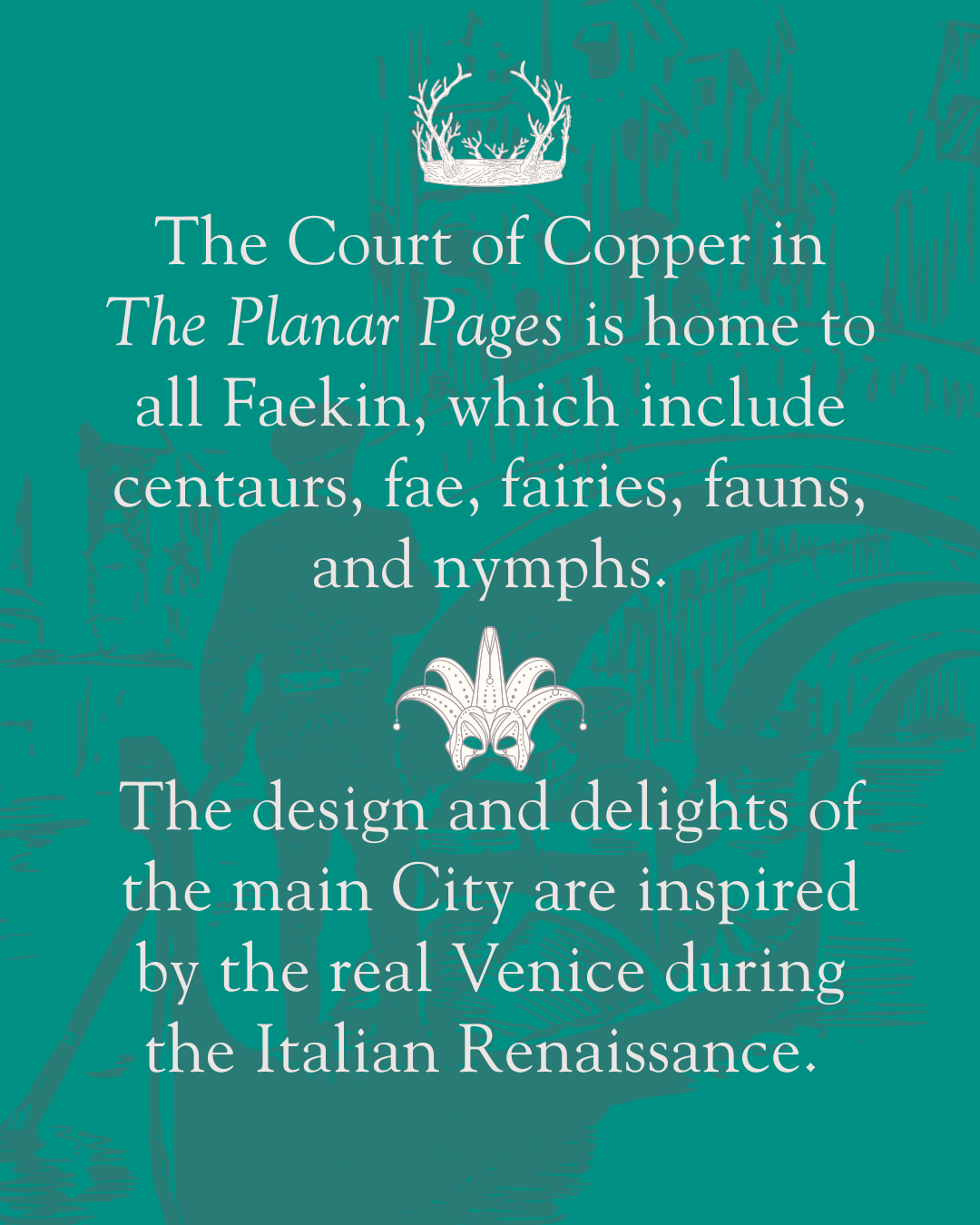 Book promo graphic. Text on a green background: The Court of Copper in The Planar Pages is home to all Faekin, which include centaurs, fae, fairies, fauns, and nymphs.