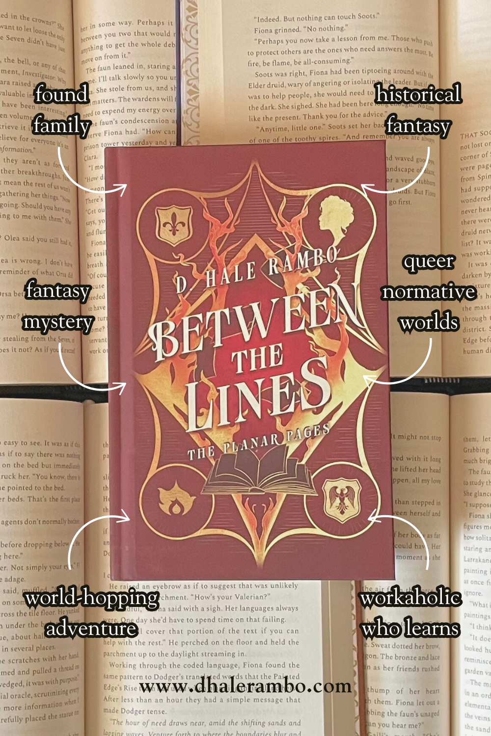 Photograph of a book - Between the Lines - on top of open books. Around the book have been added tropes like found family, fantasy mystery and world-hopping adventure.