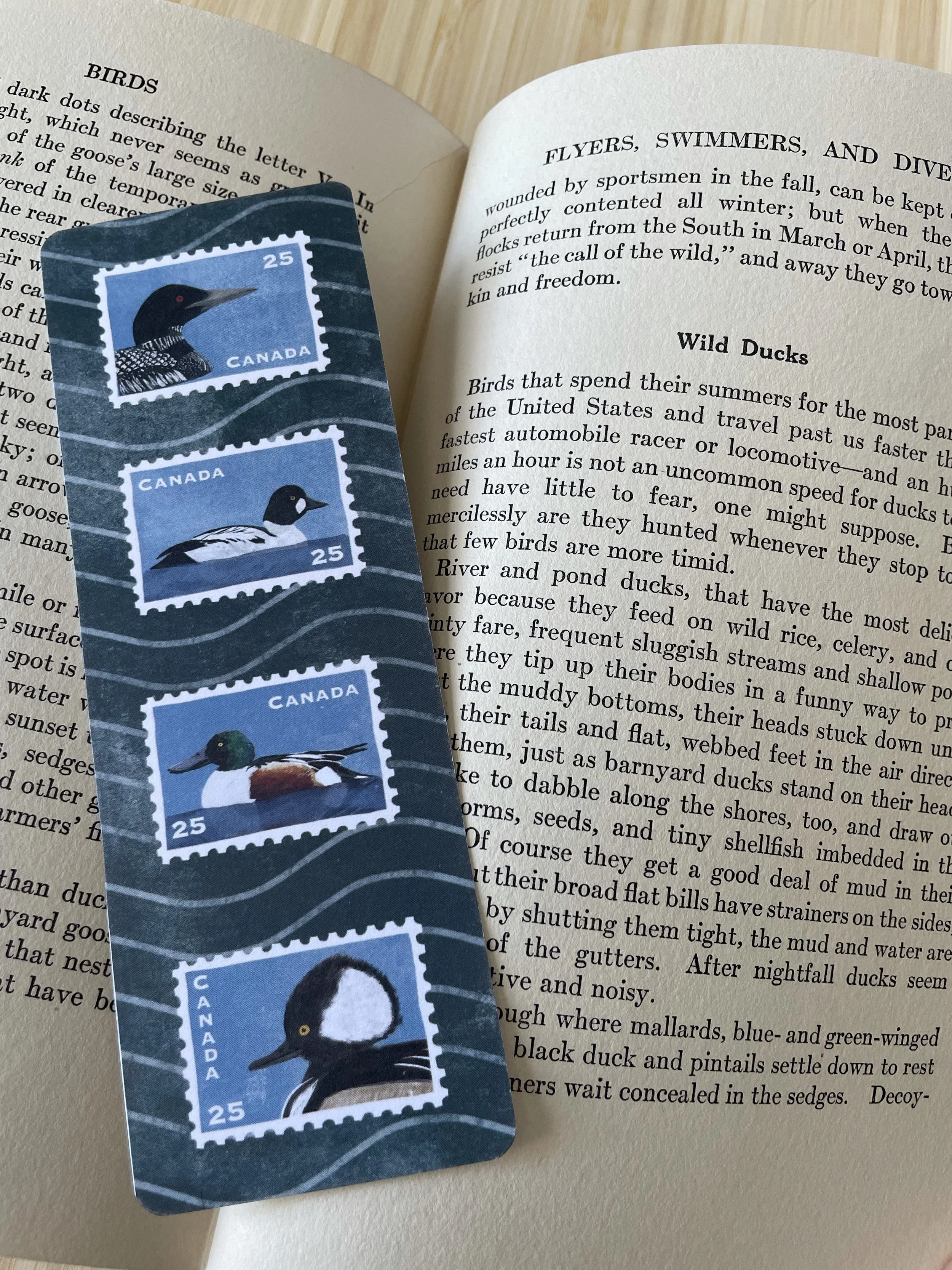 A bookmark lies across the pages of an open book. The bookmark features 4 duck stamps. The Common Loon, Goldeneye, Northern Shoveler and Hooded Merganser are all featured in profile.