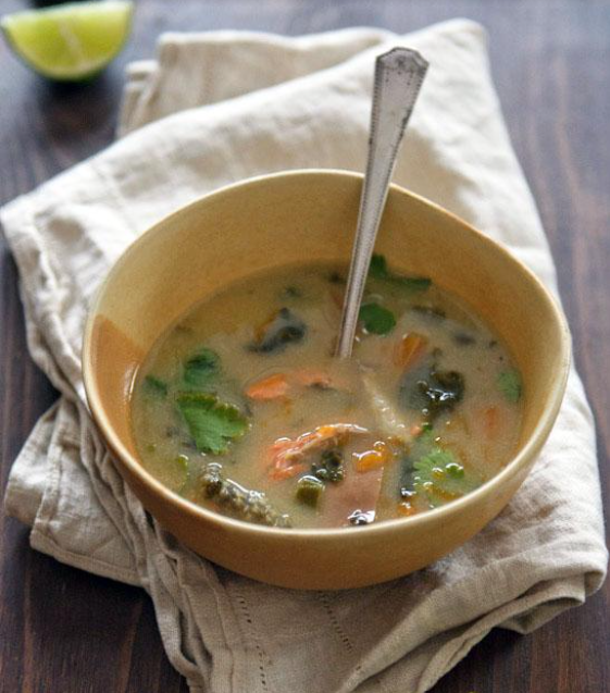 Coconut Milk Soup with Wild Salmon and Kale