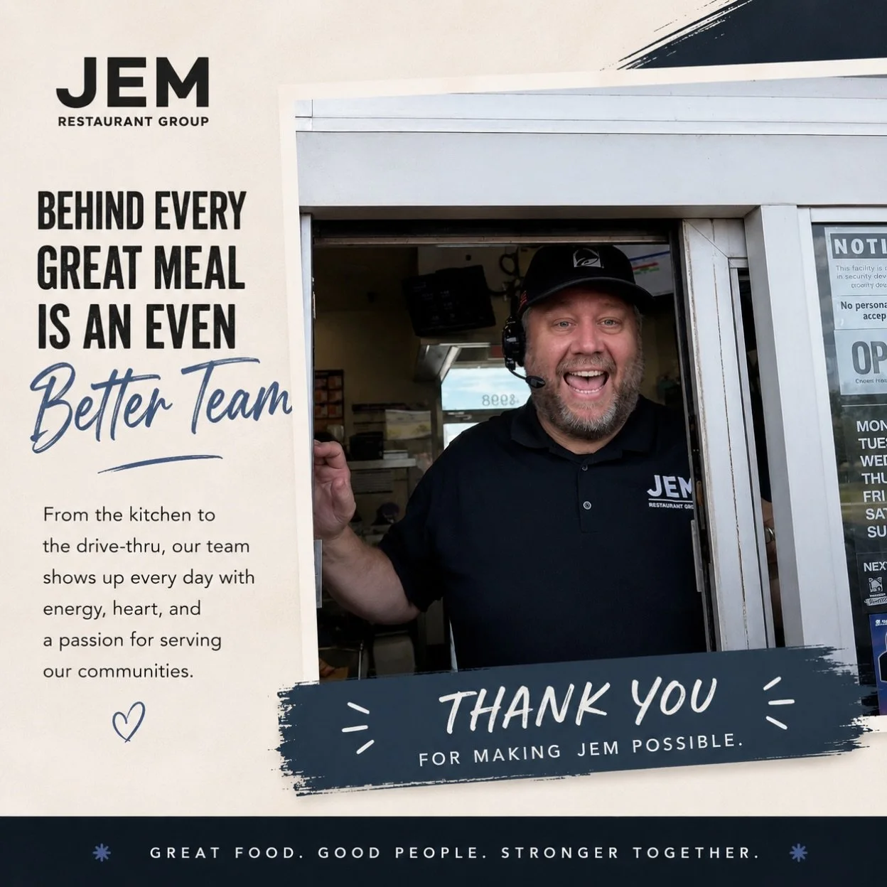 Good food brings people in. Great people bring them back. That&rsquo;s the JEM difference. 🤍