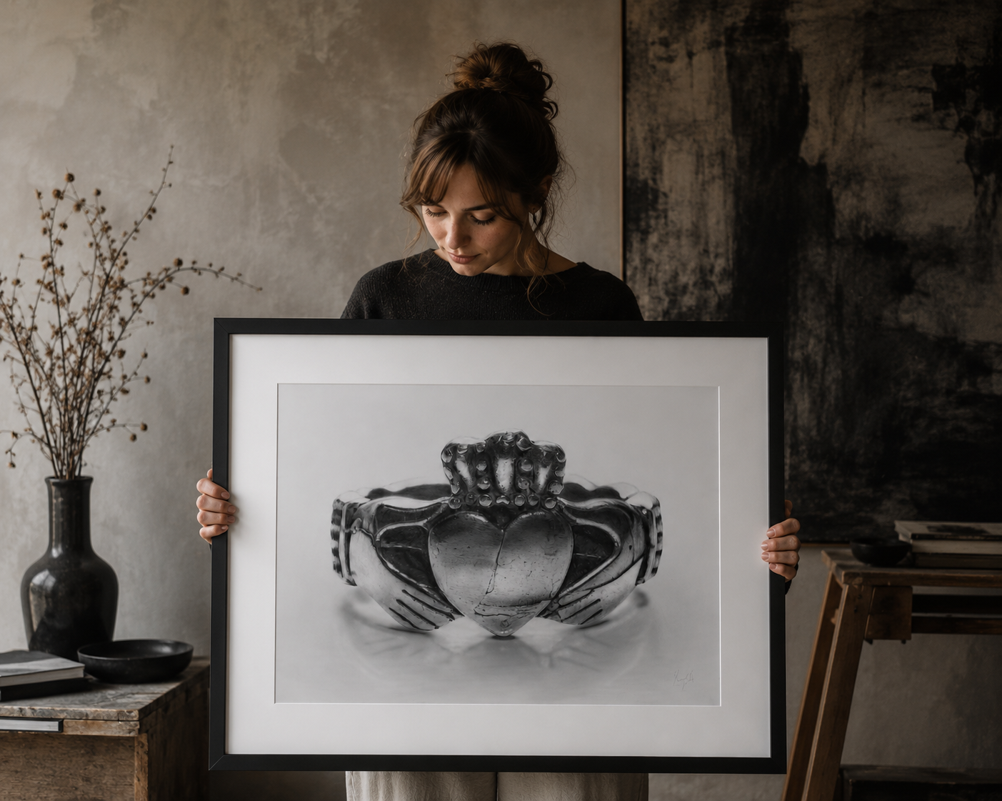 Original charcoal drawing  - Irish Claddagh symbol