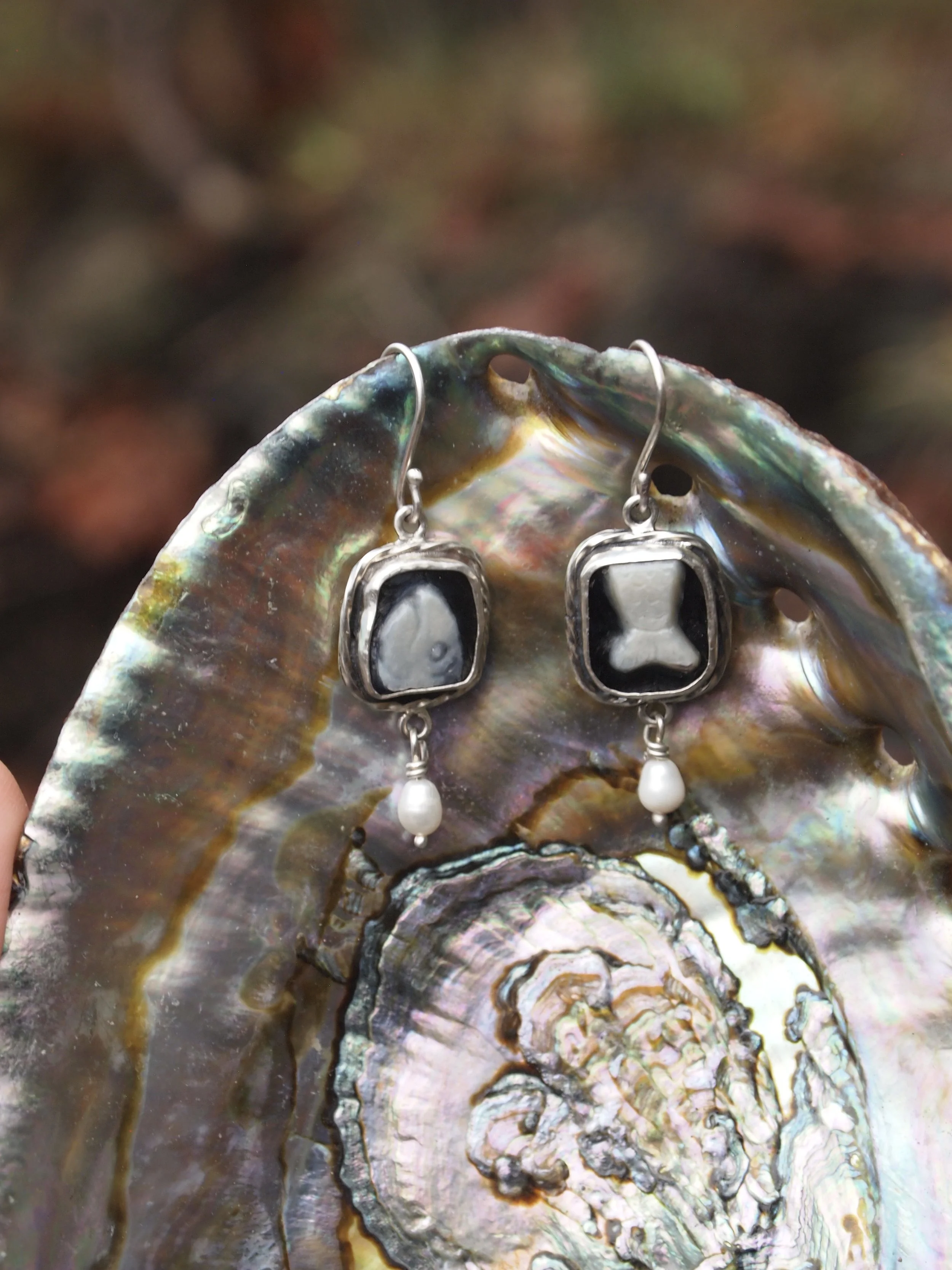 Carved mussel shell fish earrings