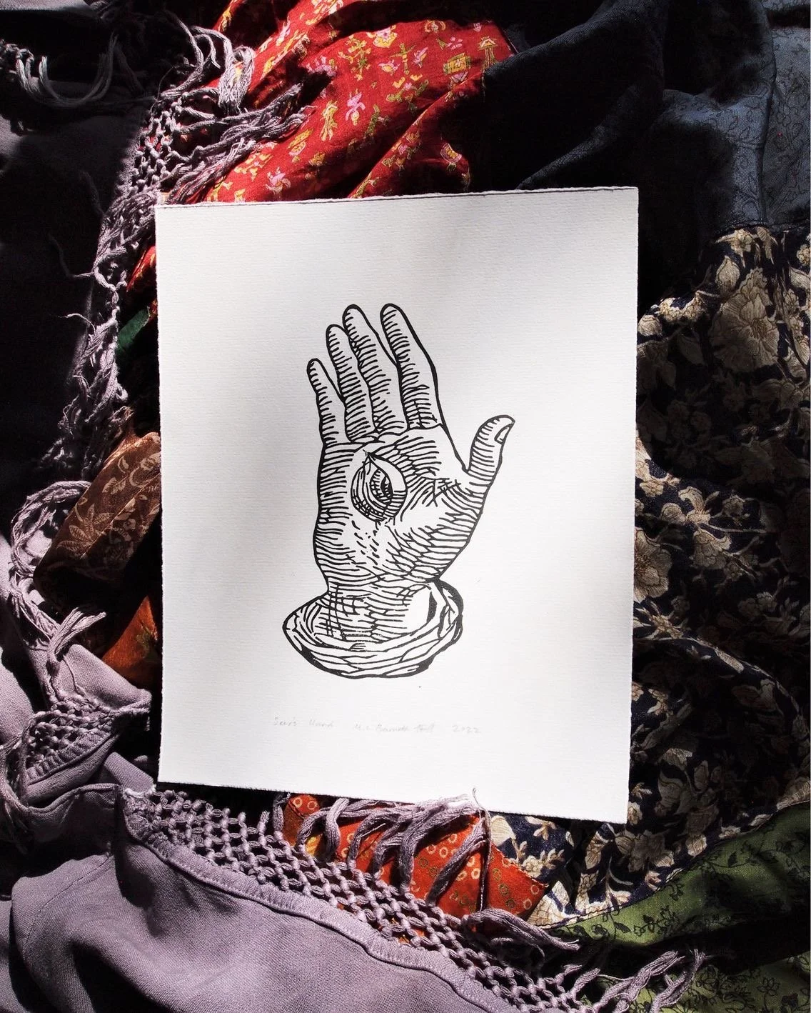 "Seer's Hand" original linocut print in black