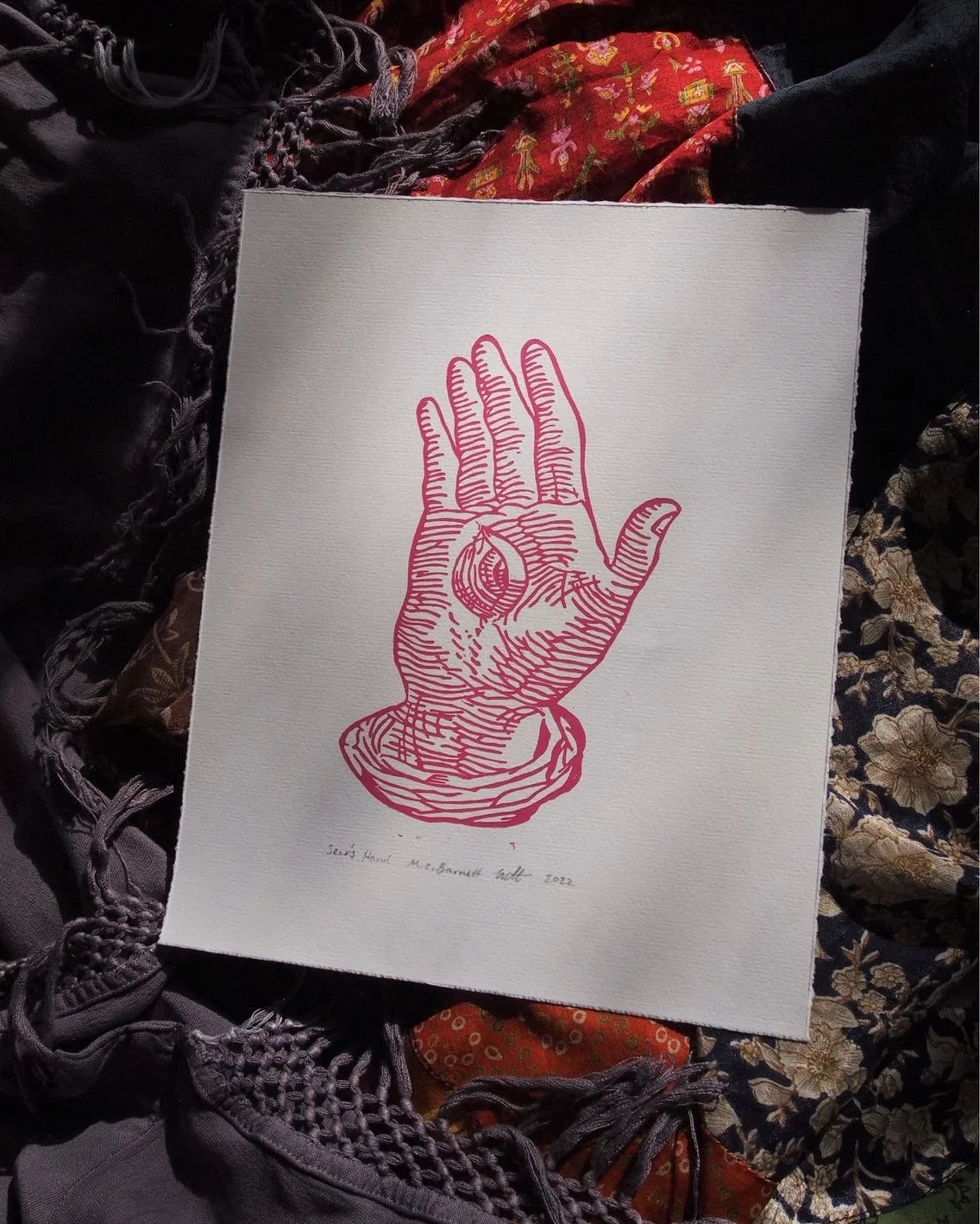 "Seer's Hand" original linocut print in pink