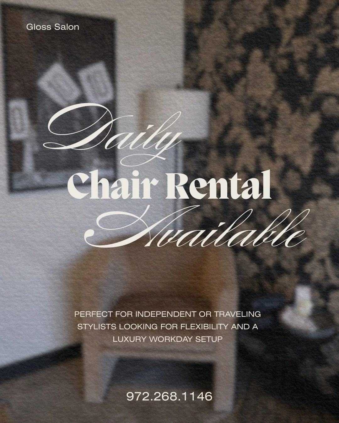 Daily chair rentals are now available at Gloss Salon.

Perfect for independent or traveling stylists who want flexibility without sacrificing environment.

Luxury workspace.
Supportive salon culture.
Work-when-you-want scheduling.

Text or call Jorda