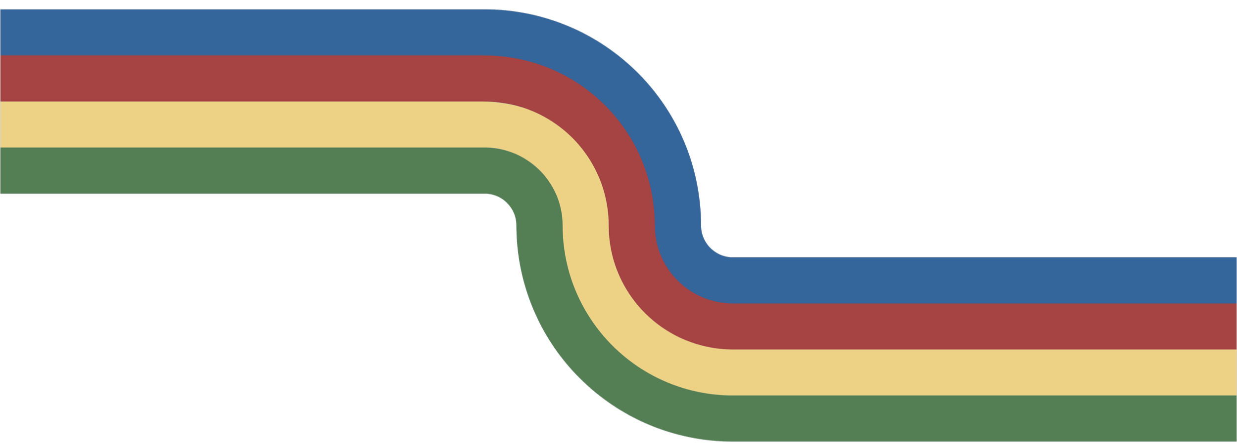 A retro-style, multicolored rainbow stripe pattern with curved lines in blue, red, yellow, and green on a black background.