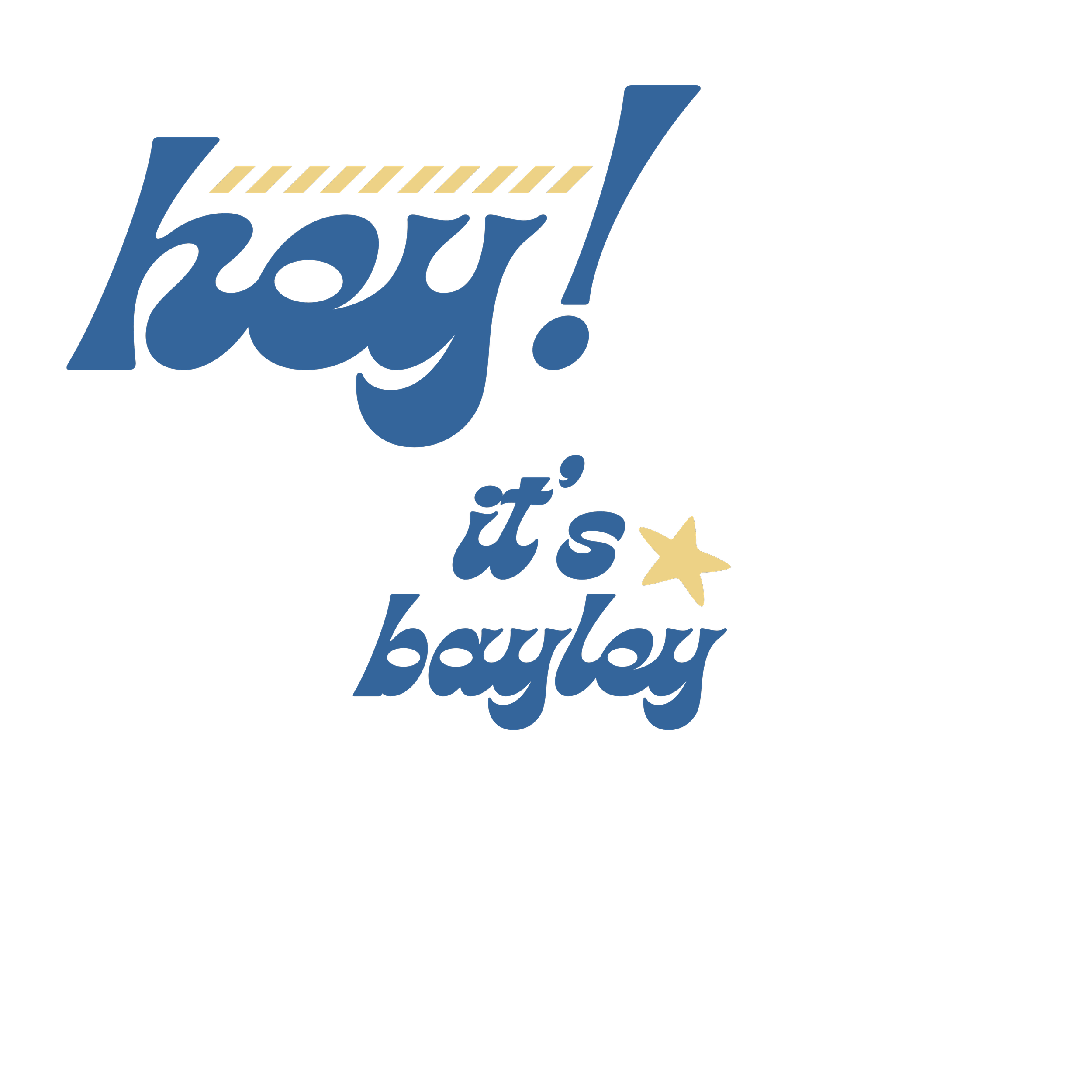 A logo with the words 'hey! it's bayley' in blue, with a star and striped design.