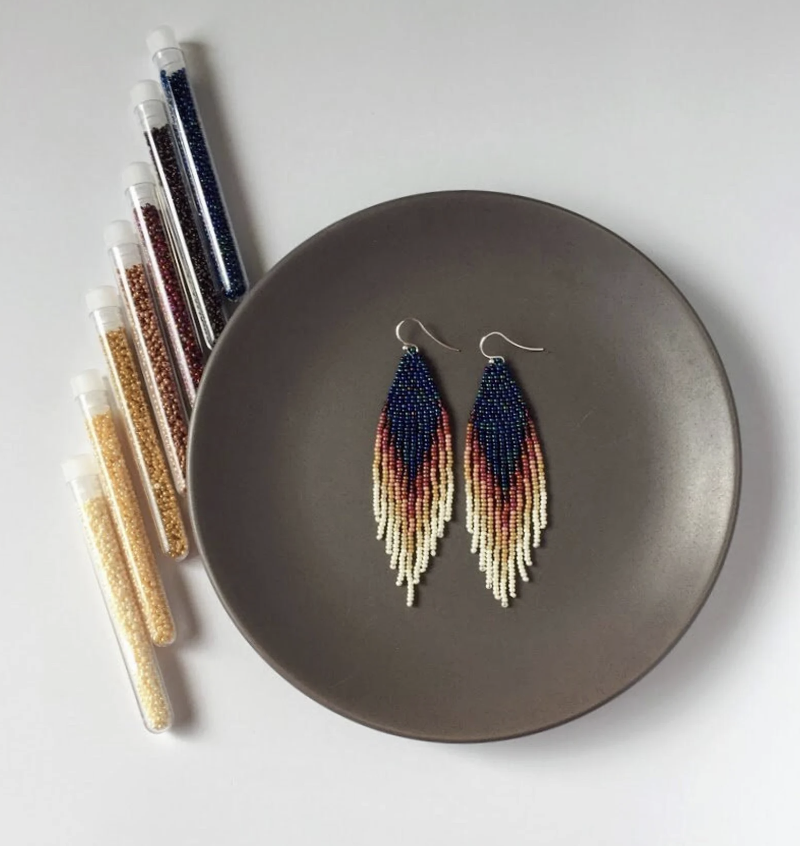 Navy Blue Beaded Earrings with Ombre Fringe