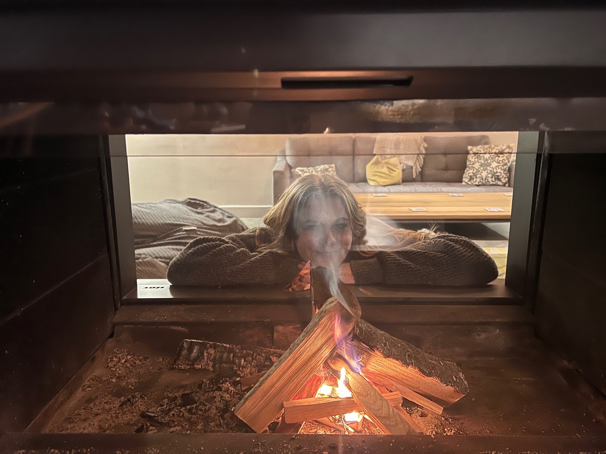 A person looking through the glass of a lit fireplace, with wooden logs burning inside. A cozy living room with a couch and pillows is visible in the background.