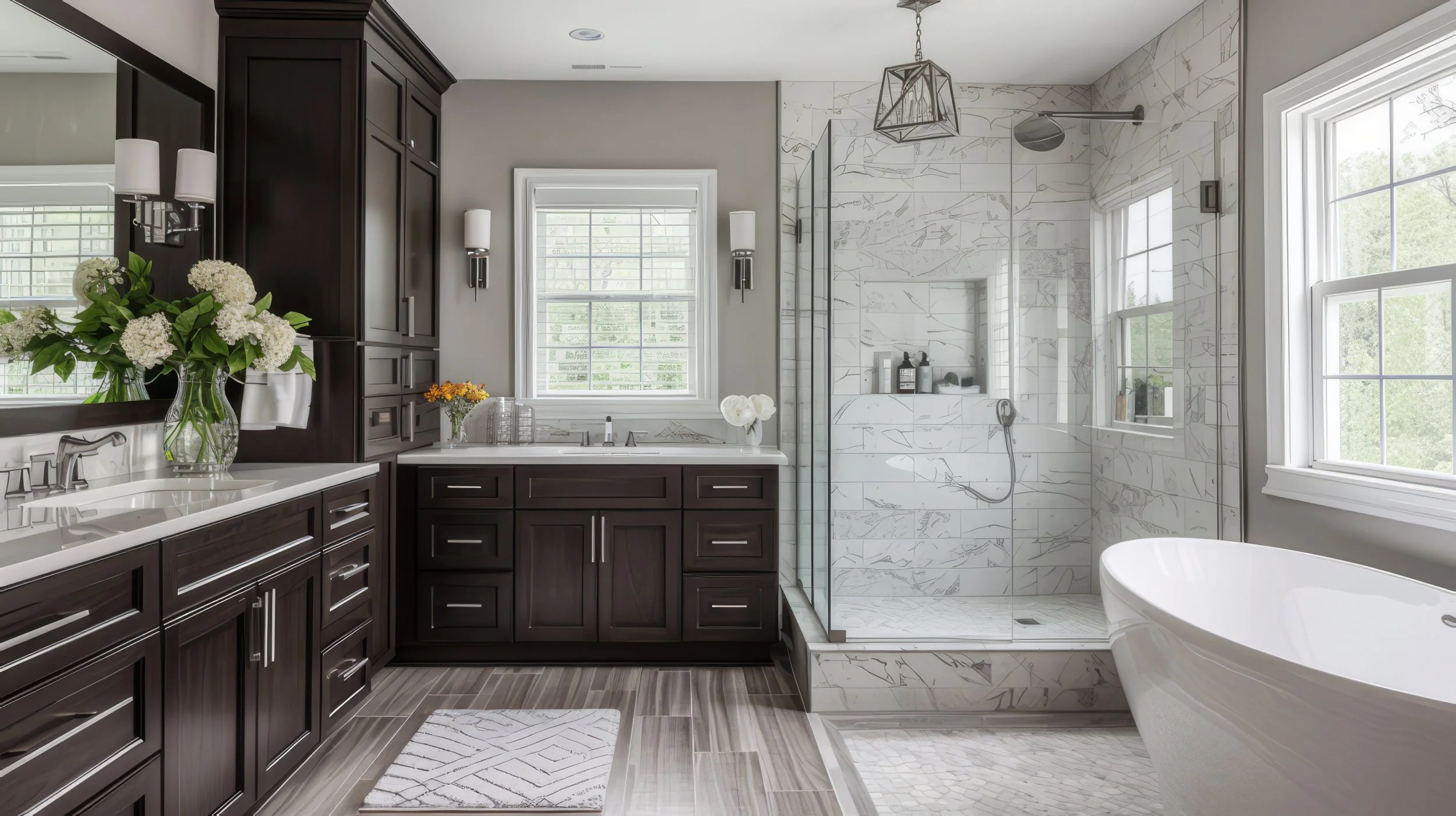 Executive master bath with mahogany vanities, natural hardwood flooring, Euro-Glass shower enclosure with marble tile, and shower enclave shelving