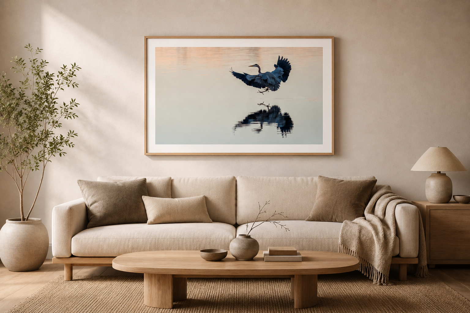 Great Blue Heron Mockup 16 x 18 White border in a modern living room setting.png