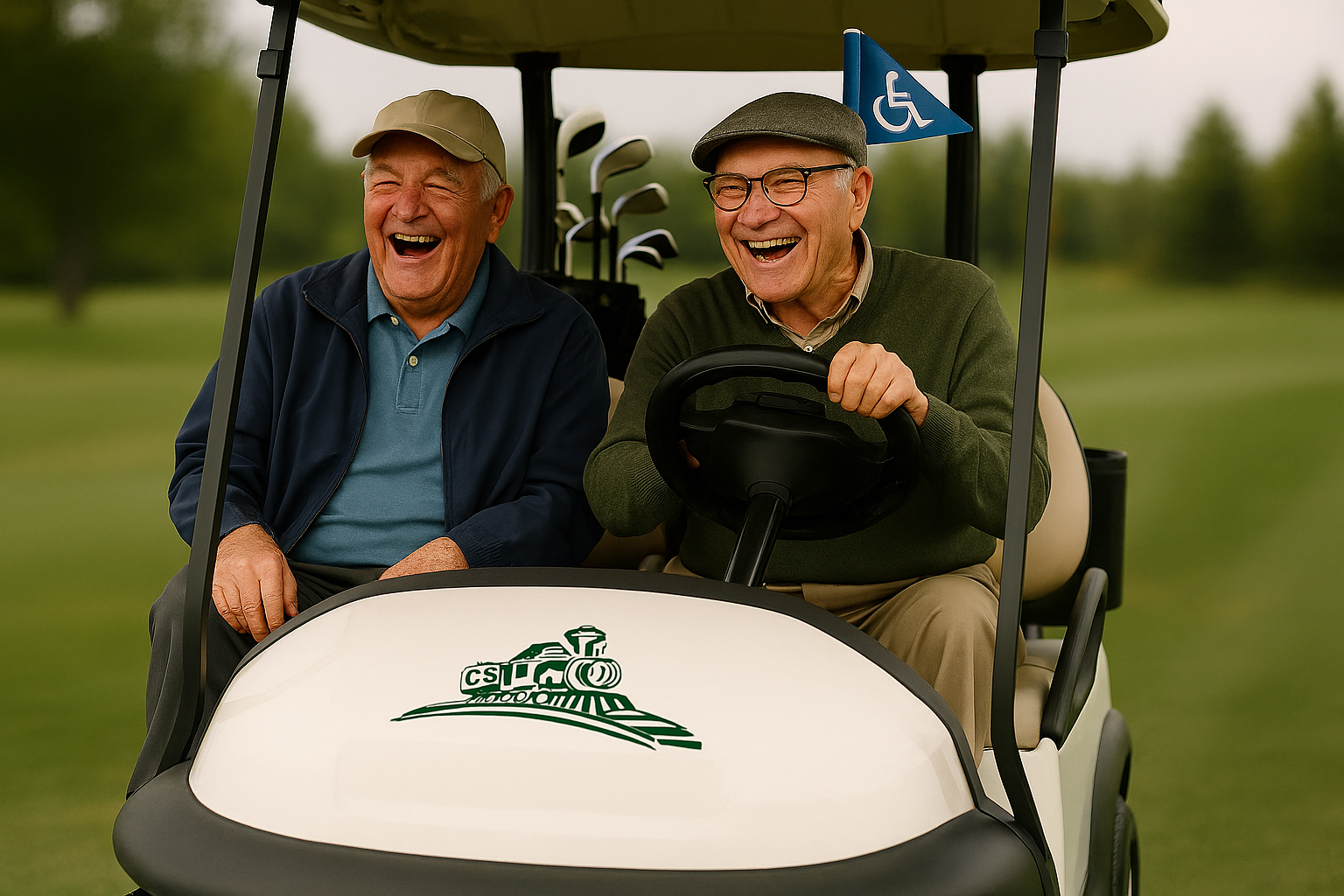 Two young girls holding hands and smiling, walking on a golf course, dressed in casual sportswear, with two adults behind them also walking on the green with golf clubs, under a cloudy sky.