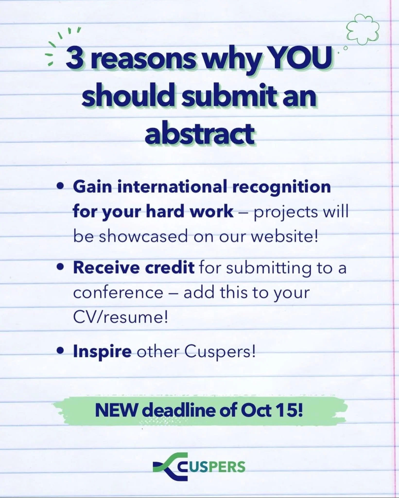 Submit your sustainability project abstract to @cuspers_  by Oct 15  using thier  link in our bio, for an opportunity to be featured on our website and have your project showcased to other students!

Not sure why you should submit an abstract? 🤔

1.