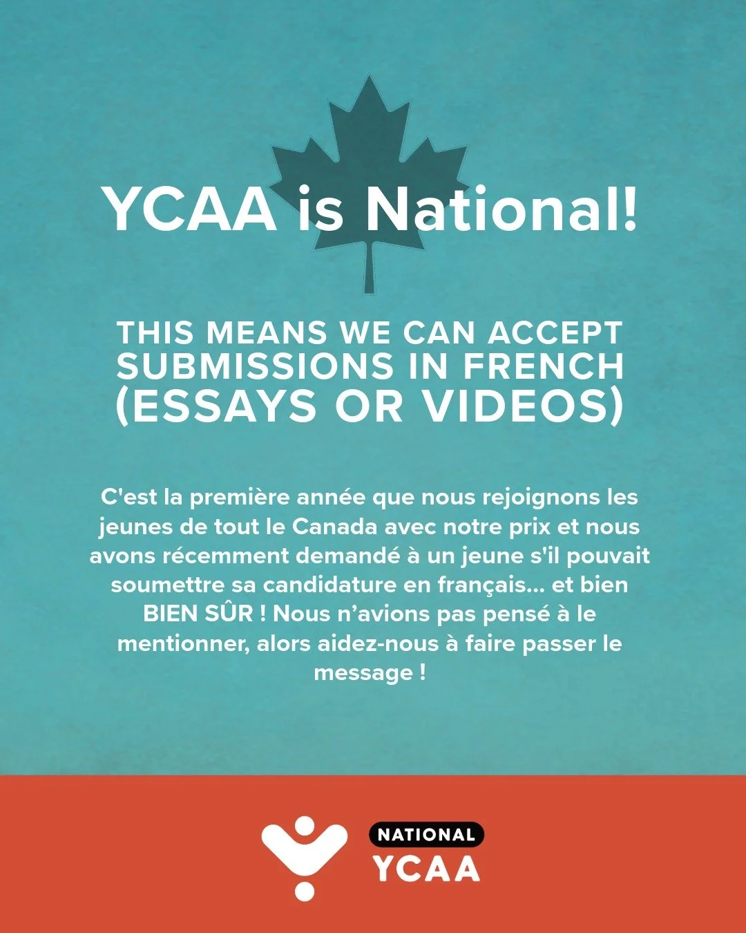 the Youth Climate Activism Award  is national &mdash; and we proudly accept submissions in English &amp; French. 🍁

If you&rsquo;re a Canadian student under 20, you can enter in English or French with:
&bull; a 500-word essay
&bull; or a video (up t
